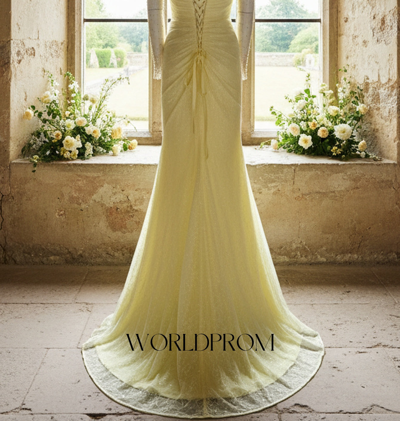 Off Shoulder Sparkly Beading Pleated Lace Mermaid Long Prom Dress With Waist Drop - Goose Yellow