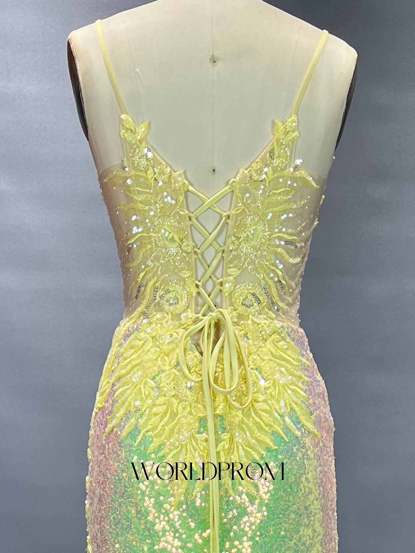Deep V-Neck Sparkly Beading Lace Floral Illusion Mermaid Long Prom Dress - Goose Yellow