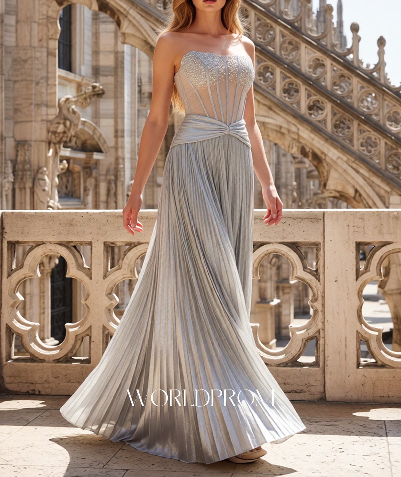 Hot Fix Crystal Illusion Pleated Bodice A-Line Long Prom Dress - Silver