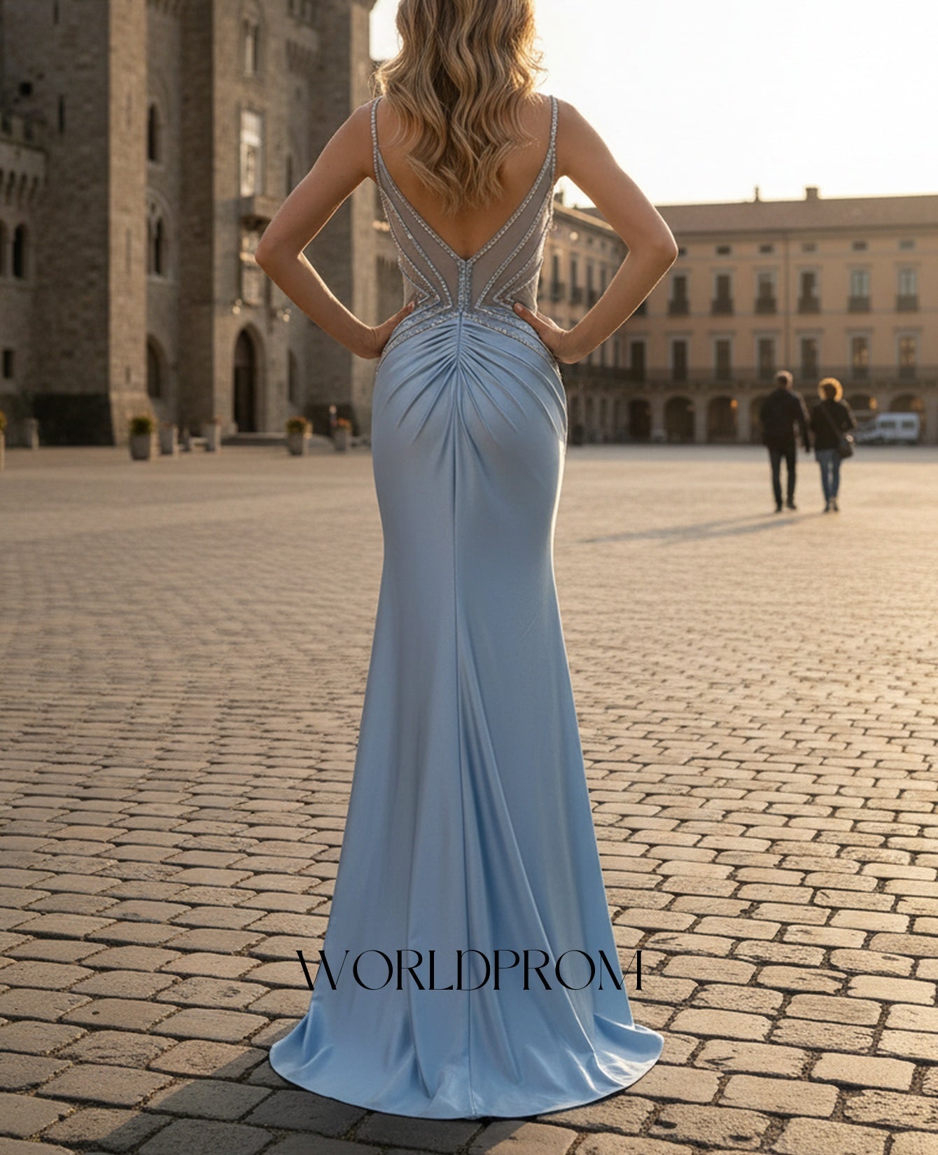 Sparkly Beading Spaghetti Shoulder Straps Illusion Backless Mermaid Long Prom Dress - Sky Blue