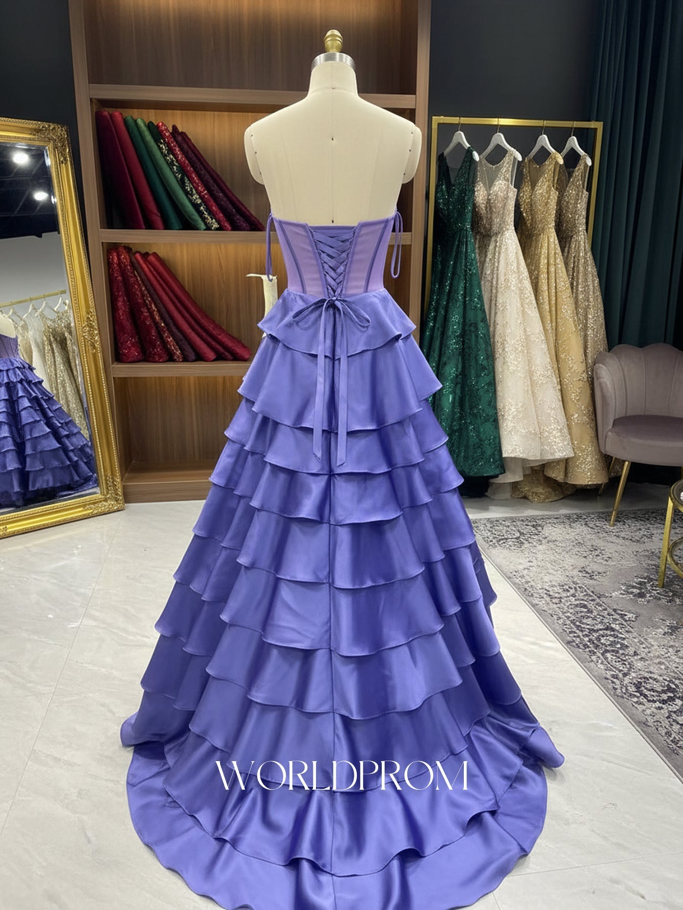 Ruched Bust Illusion Bodice Layered Ruffle Hem Long Ball Gown Prom Dress With Slit - Purple