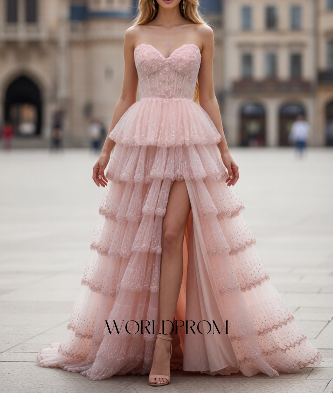 Sweetheart Sparkly Beading Illusion Layered Ruffle Hem Long Prom Dress With Slit - Light Pink
