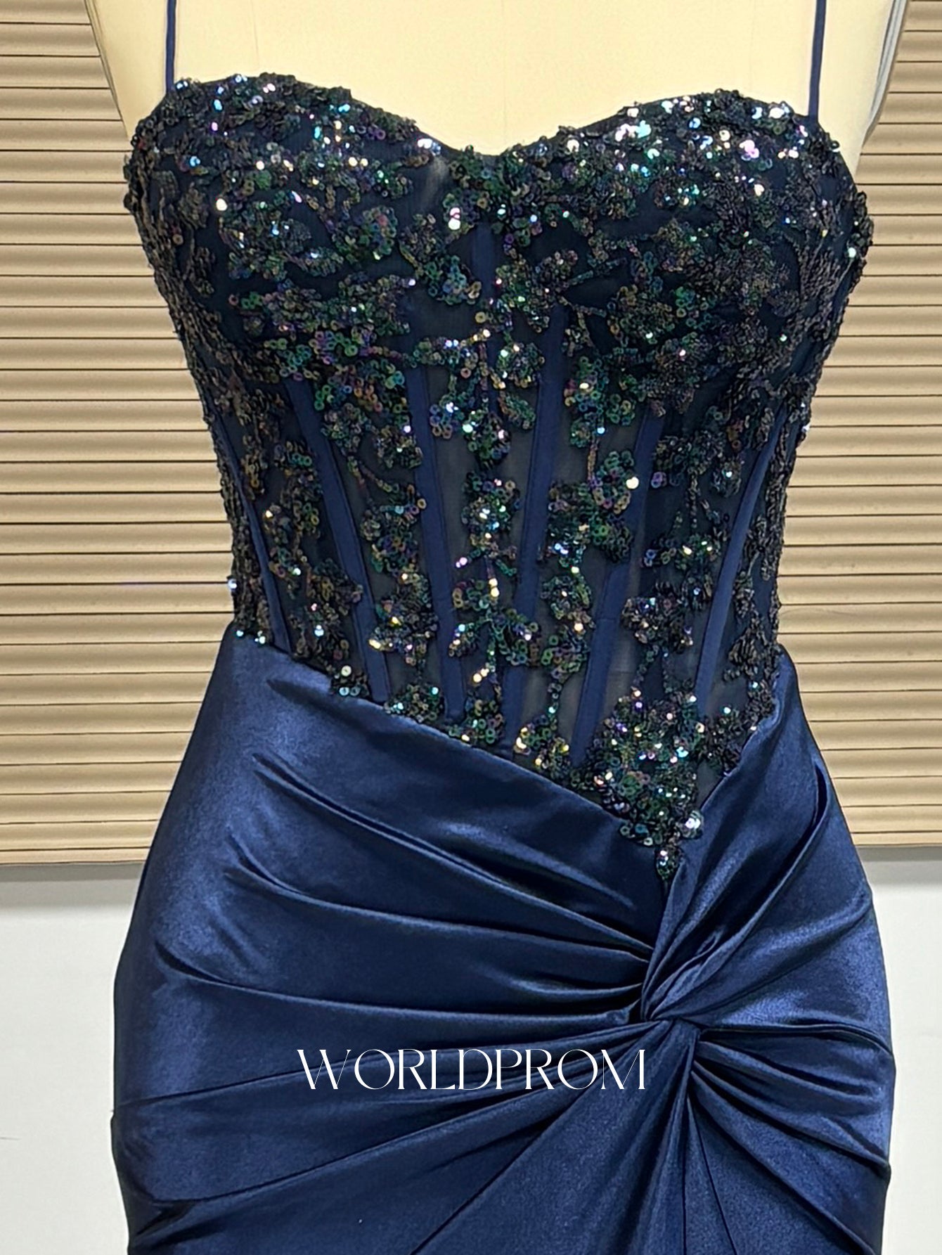 Sparkly Beading Spaghetti Shoulder Straps Twist Bodice Mermaid Long Prom Dress With Slit - Navy Blue