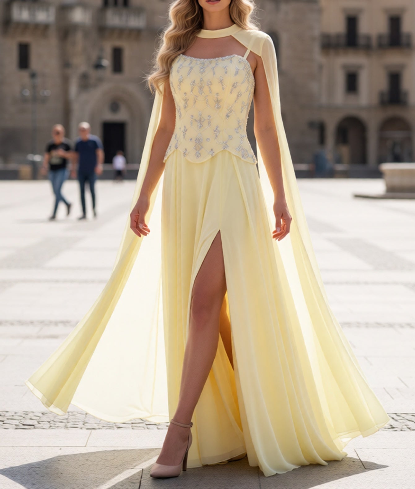 Shawl Sparkly Beading Spaghetti Shoulder Straps A-Line Long Prom Dress With Slit - Goose Yellow