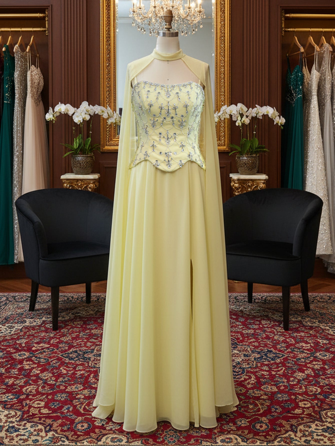Shawl Sparkly Beading Spaghetti Shoulder Straps A-Line Long Prom Dress With Slit - Goose Yellow