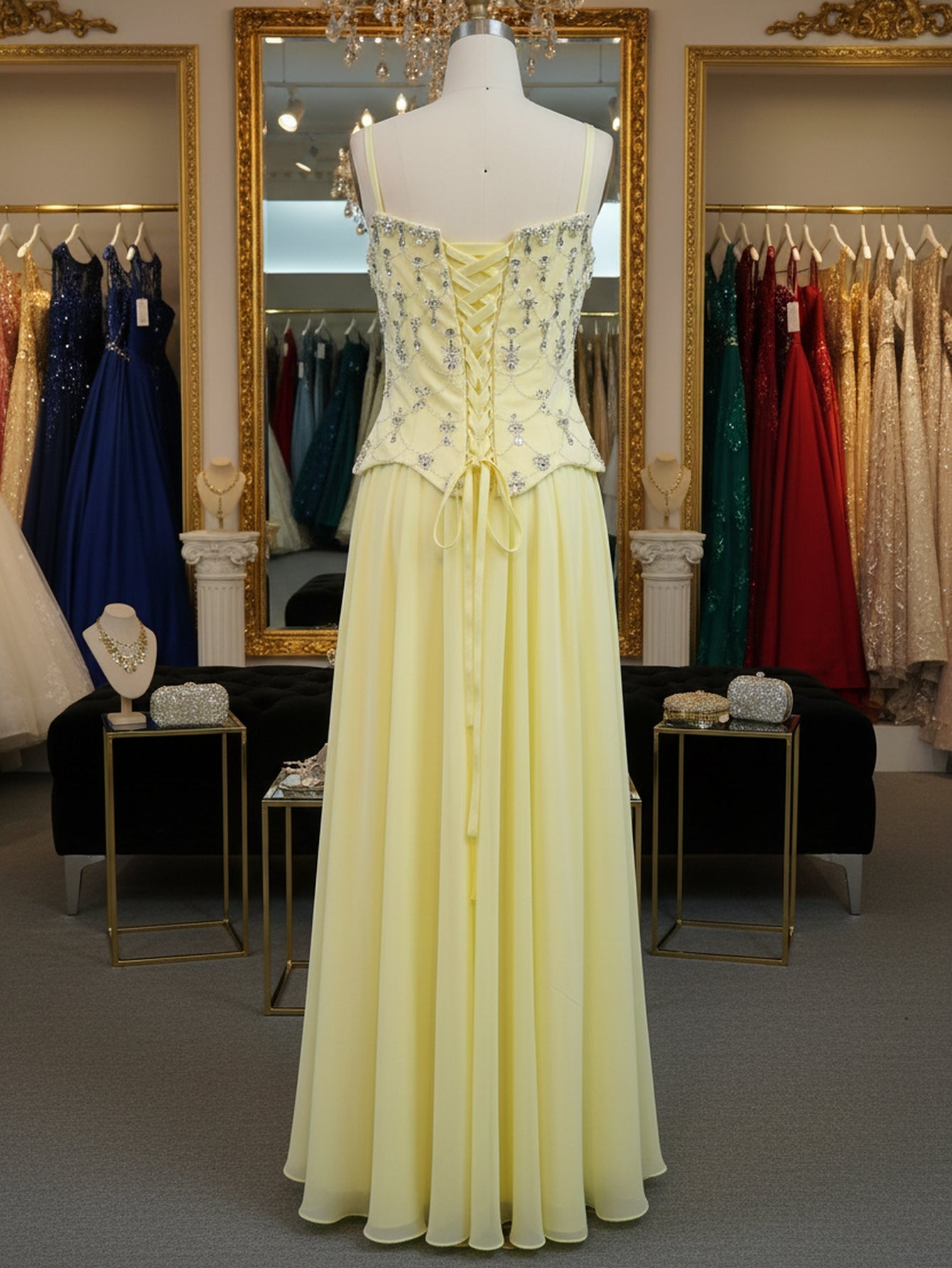 Shawl Sparkly Beading Spaghetti Shoulder Straps A-Line Long Prom Dress With Slit - Goose Yellow