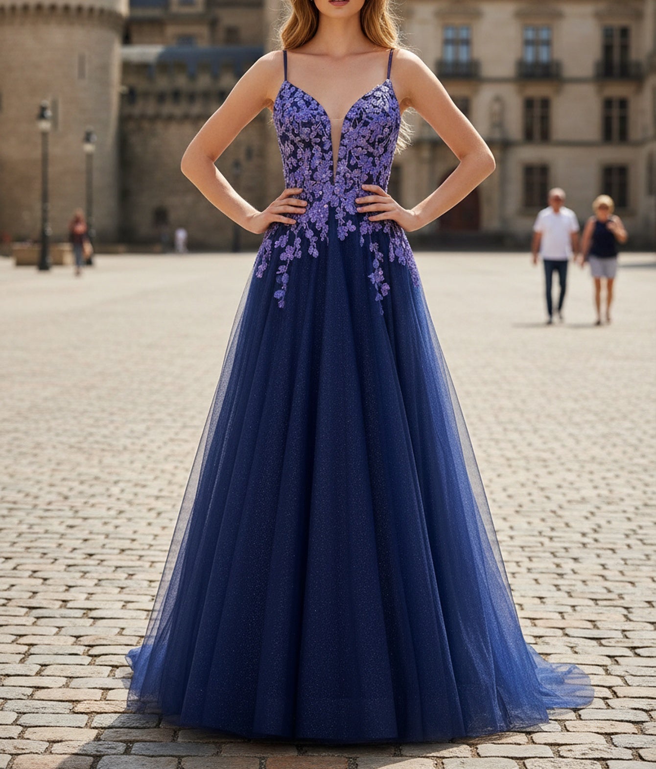 Sparkly Beading Floral Illusion Spaghetti Shoulder Straps A-Line Long Prom Dress - Grape