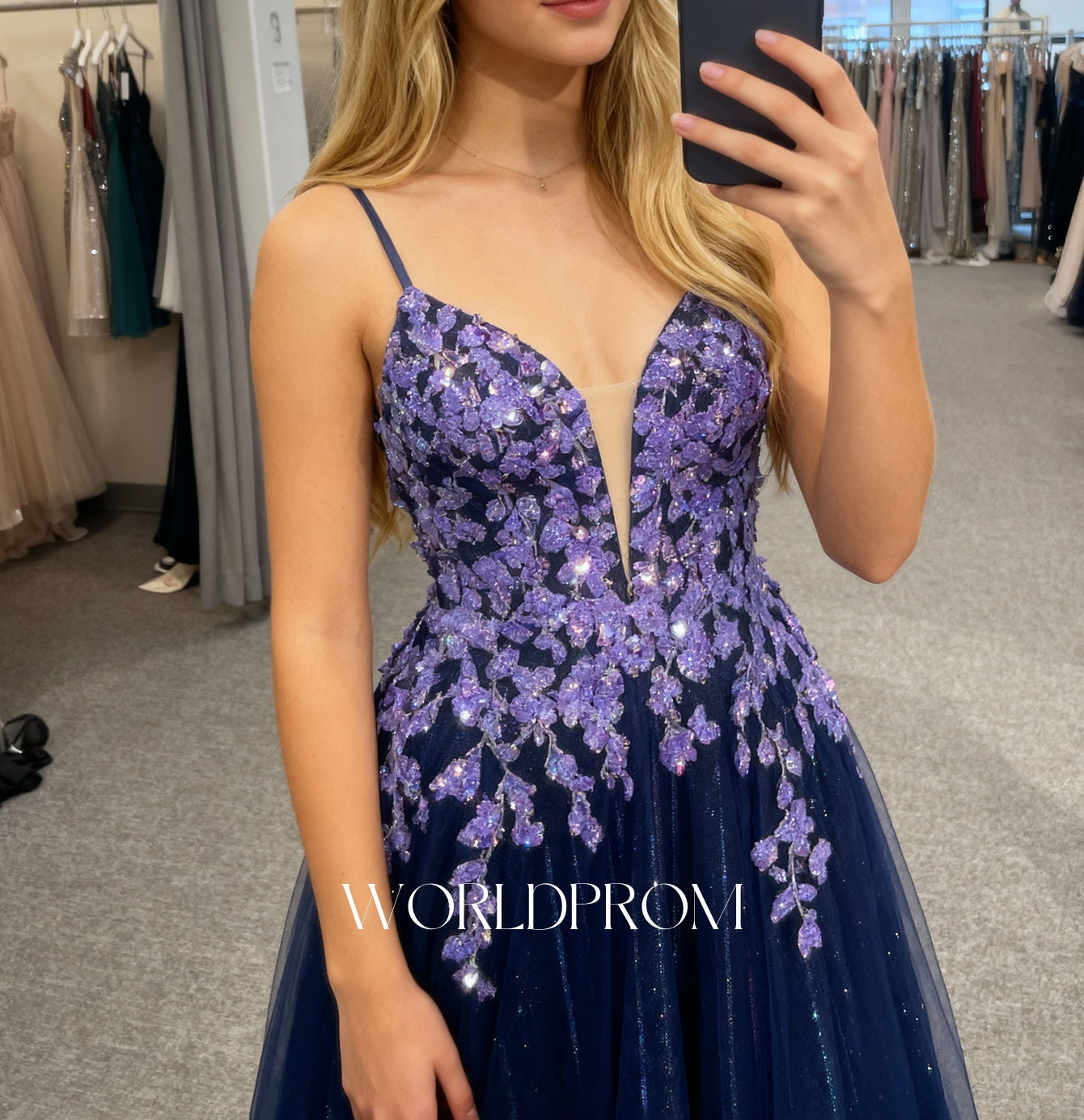 Sparkly Beading Floral Illusion Spaghetti Shoulder Straps A-Line Long Prom Dress - Grape