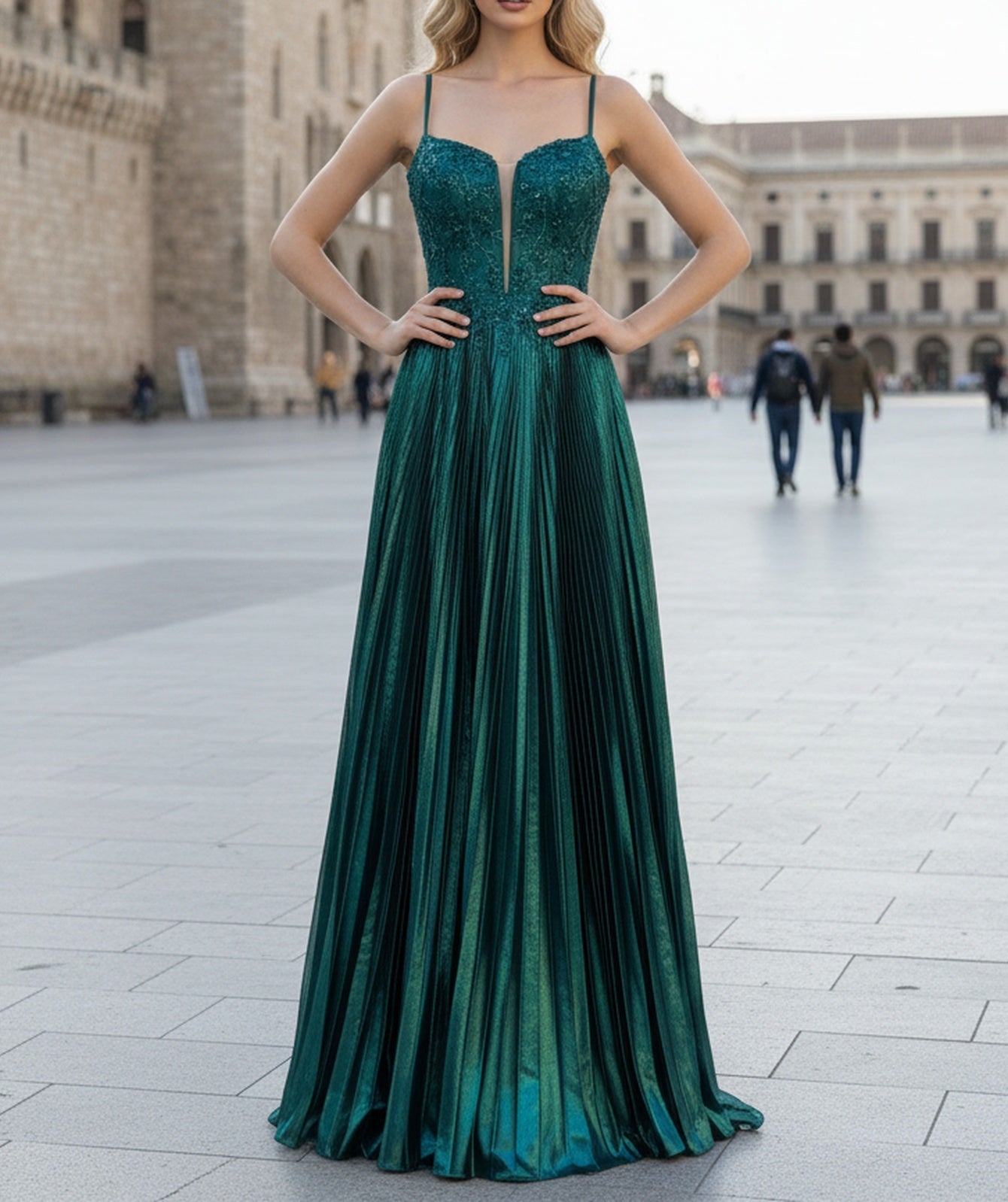 Sparkly Beading Deep V-Neck Sequin Satin A-Line Long Prom Dress - Emerald Green