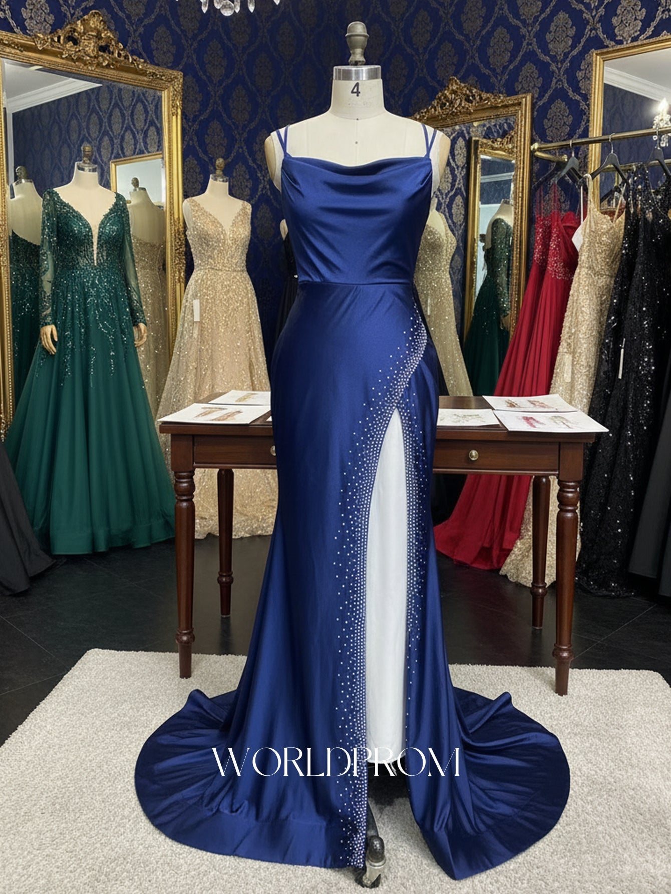 Hot Fix Crystal Ruched Bust Spaghetti Shoulder Straps Mermaid Long Prom Dress With Slit - Royal Blue