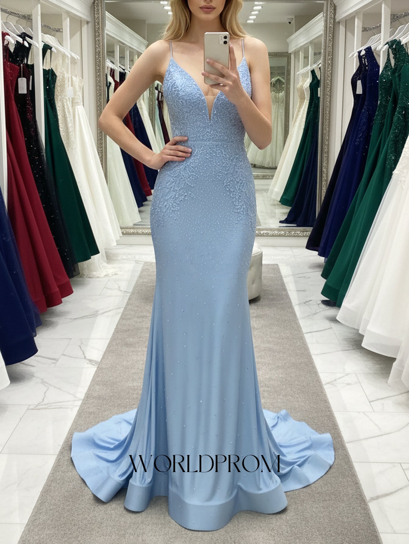 Luxury Deep V-Neck Hot Fix Crystal Mermaid Long Prom Dress - Sky Blue