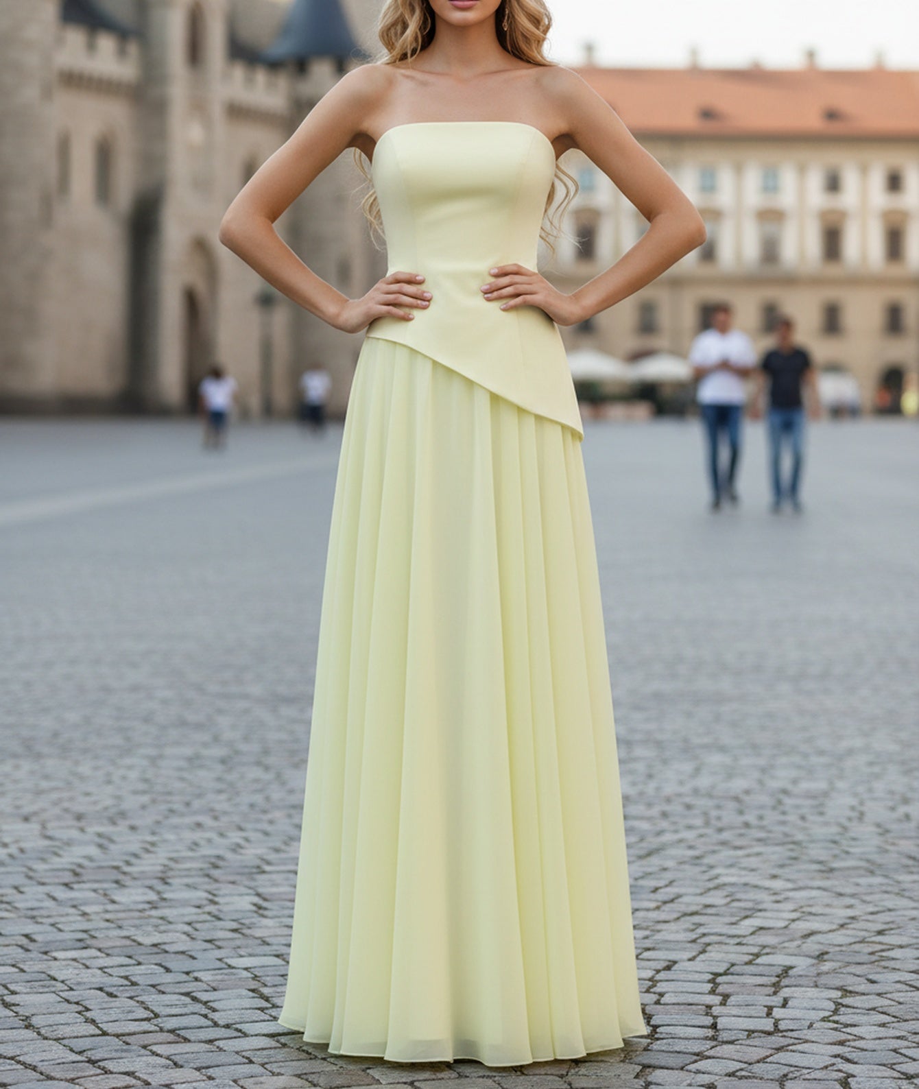 Strapless Corset Chiffon A-Line Long Prom Dress - Goose Yellow