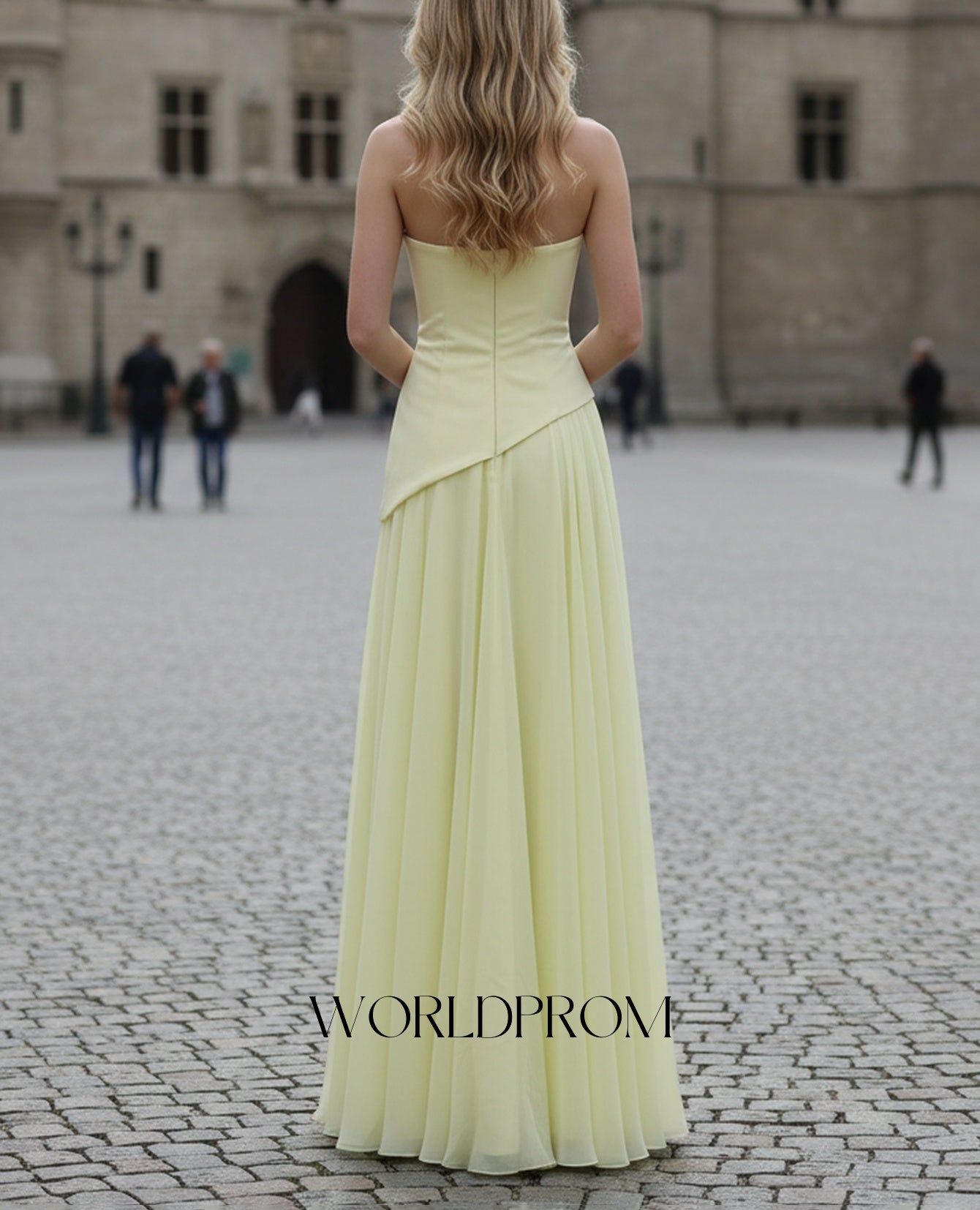 Strapless Corset Chiffon A-Line Long Prom Dress - Goose Yellow