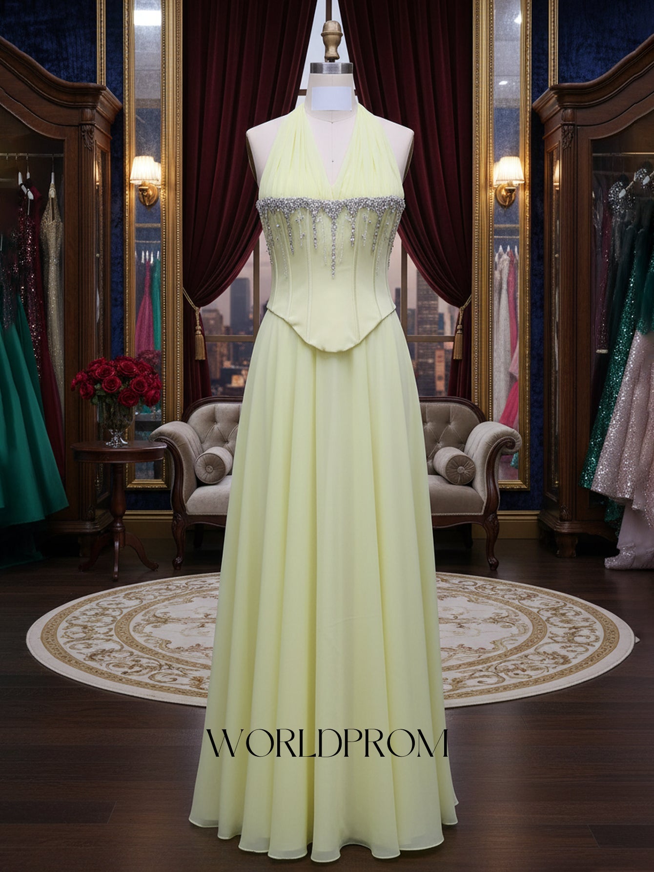 Halter Sparkly Beading Corset A-Line Long Prom Dress - Goose Yellow