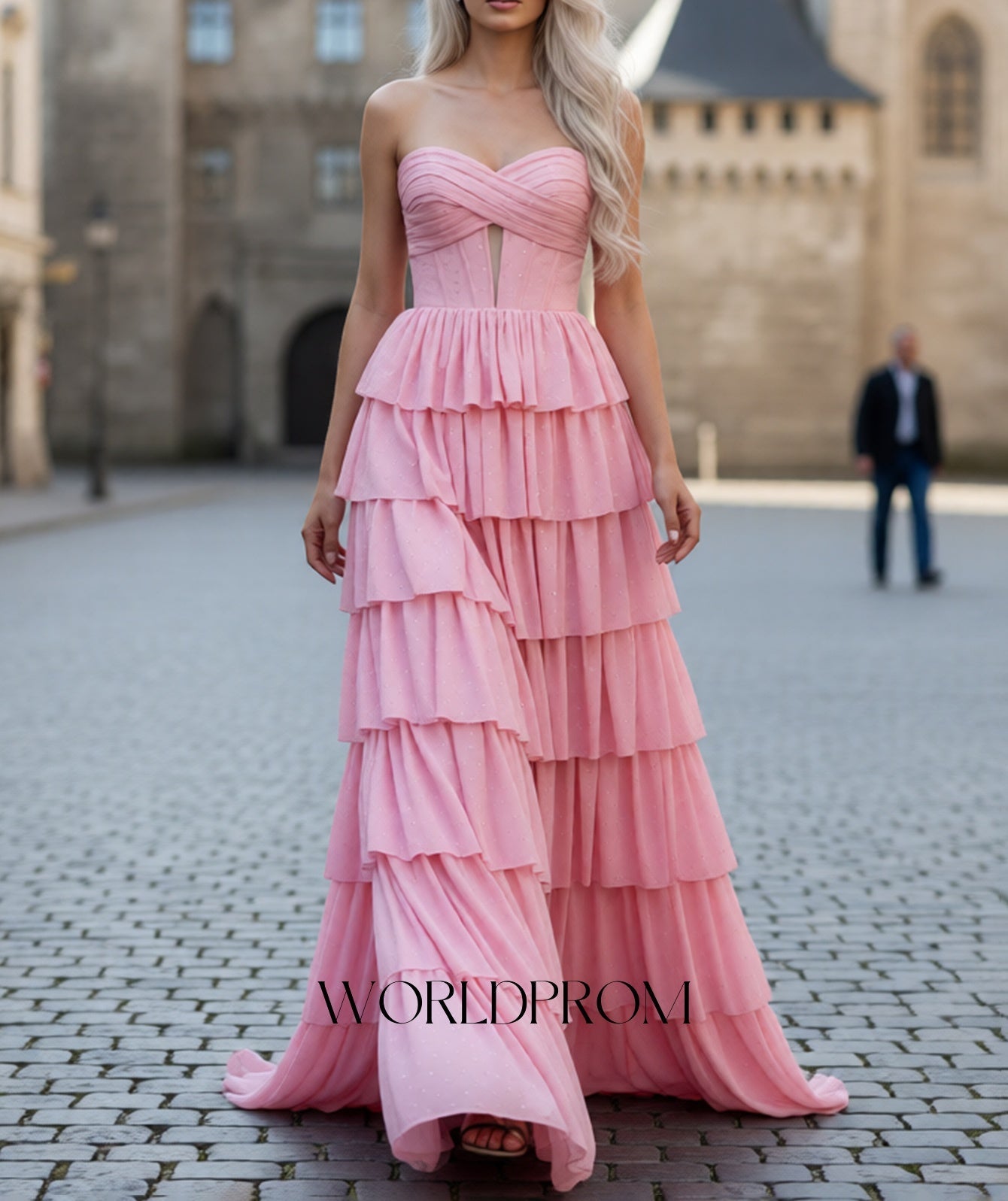 Ruched Bust Cut Front Hot Fix Crystal Layered Ruffle Hem Long Prom Dress - Pink