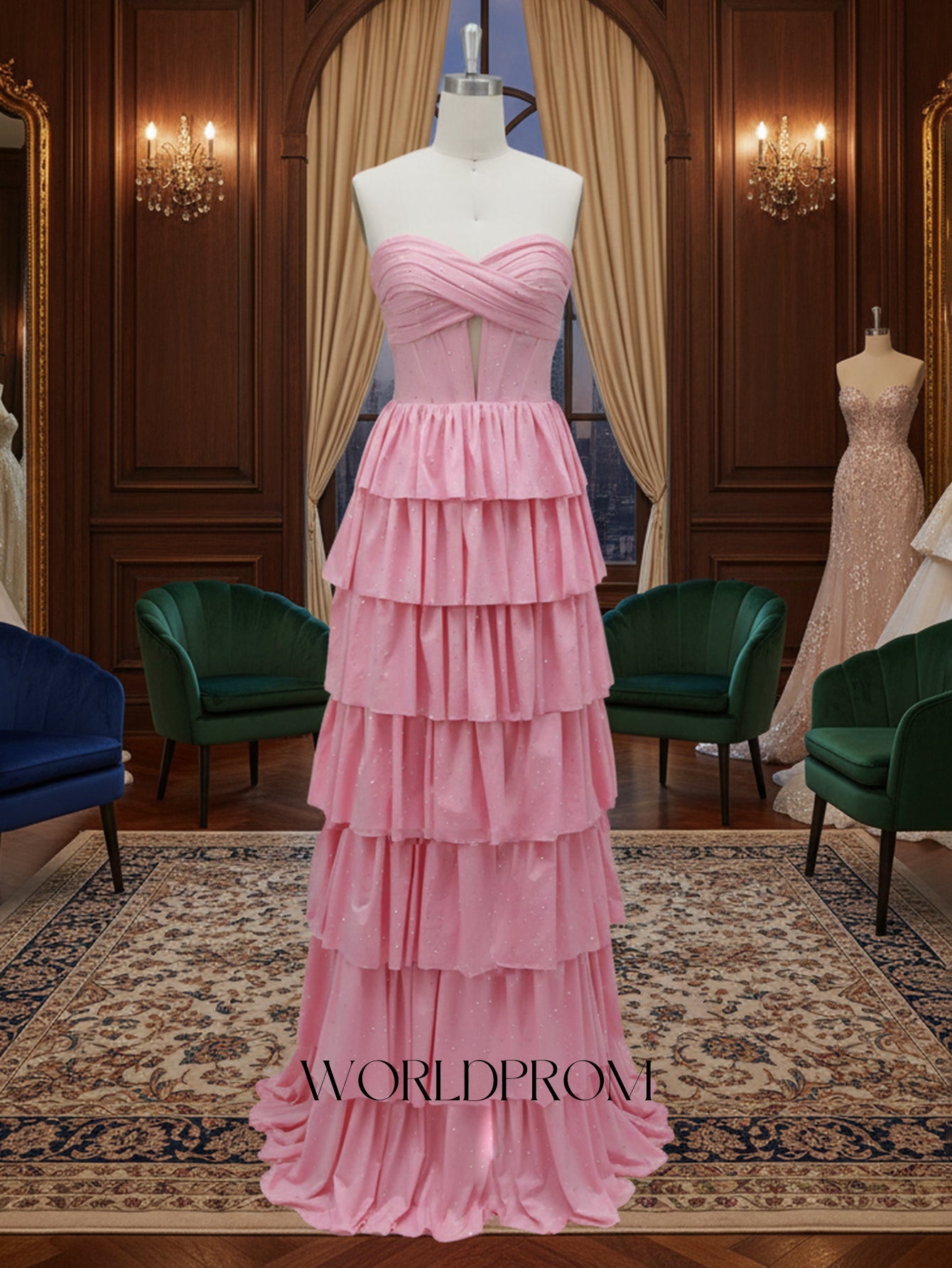 Ruched Bust Cut Front Hot Fix Crystal Layered Ruffle Hem Long Prom Dress - Pink