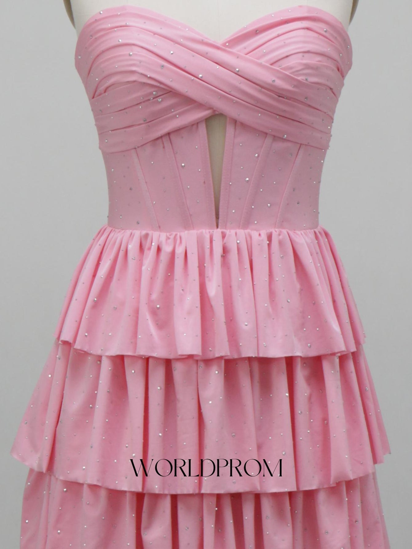 Ruched Bust Cut Front Hot Fix Crystal Layered Ruffle Hem Long Prom Dress With Slit - Pink