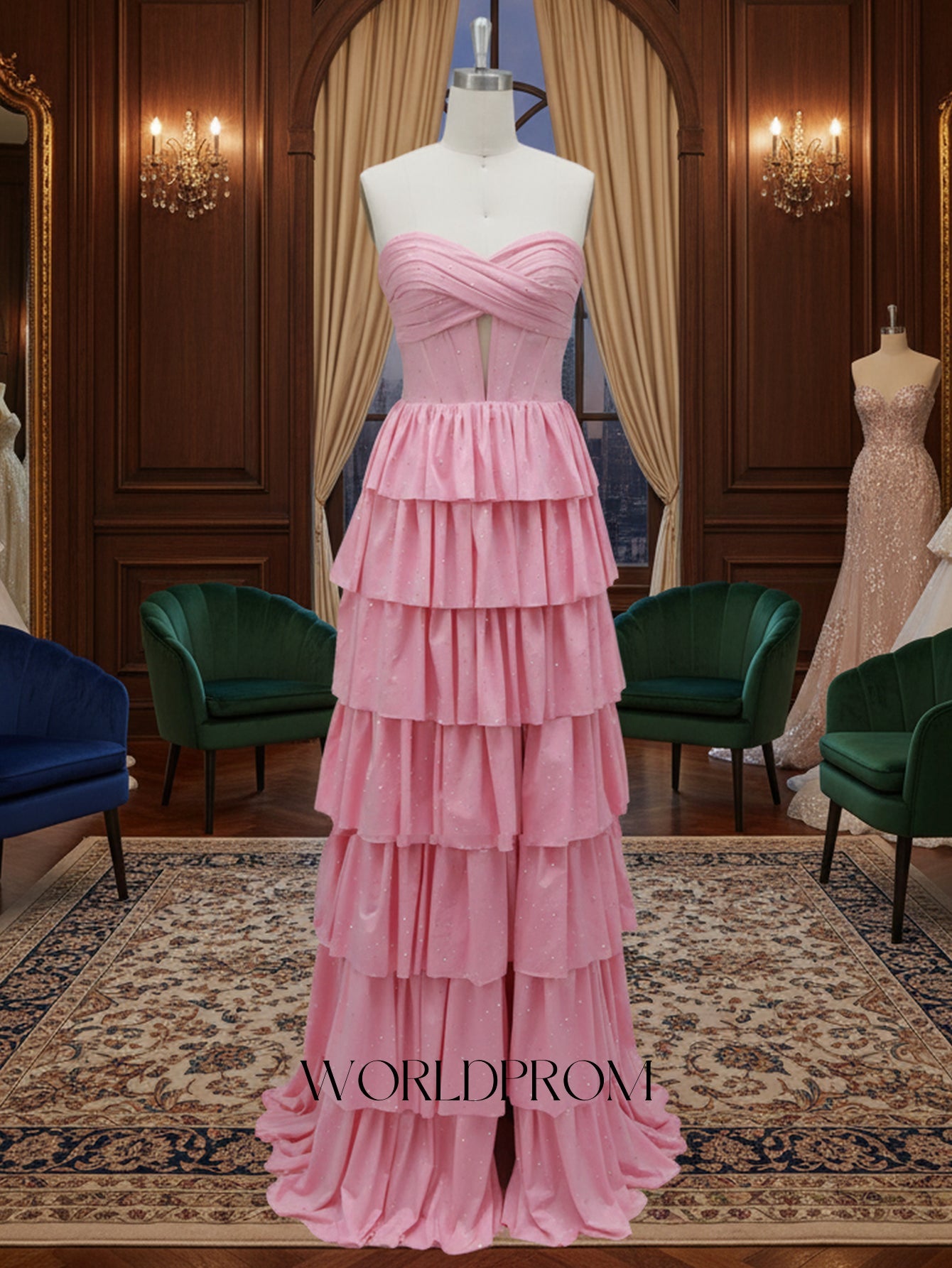 Ruched Bust Cut Front Hot Fix Crystal Layered Ruffle Hem Long Prom Dress With Slit - Pink