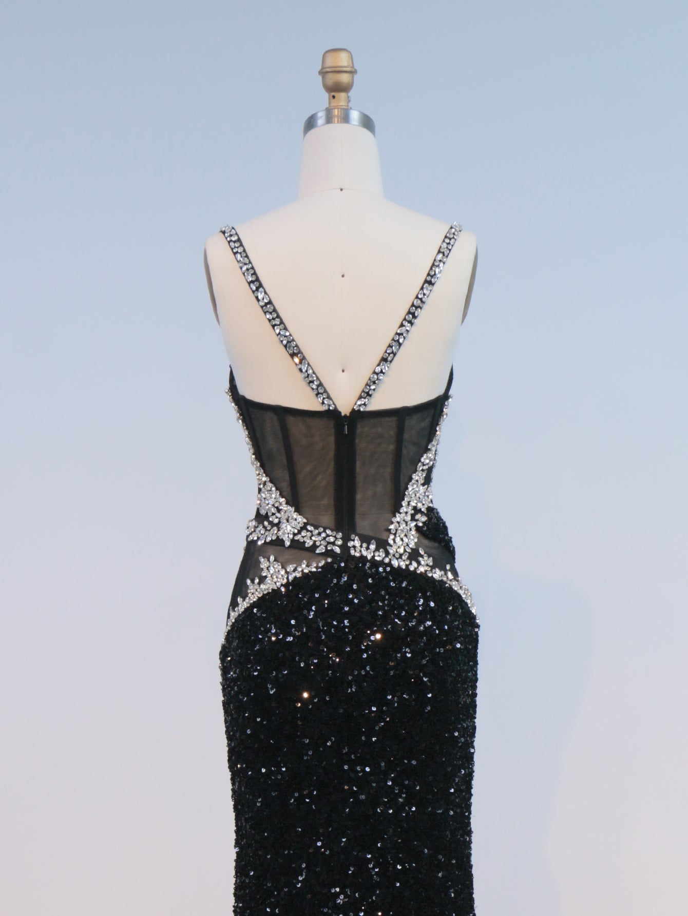 Rhinestone Spaghetti Straps Sparkly Illusion Mermaid Long Prom Dress With Slit - Black