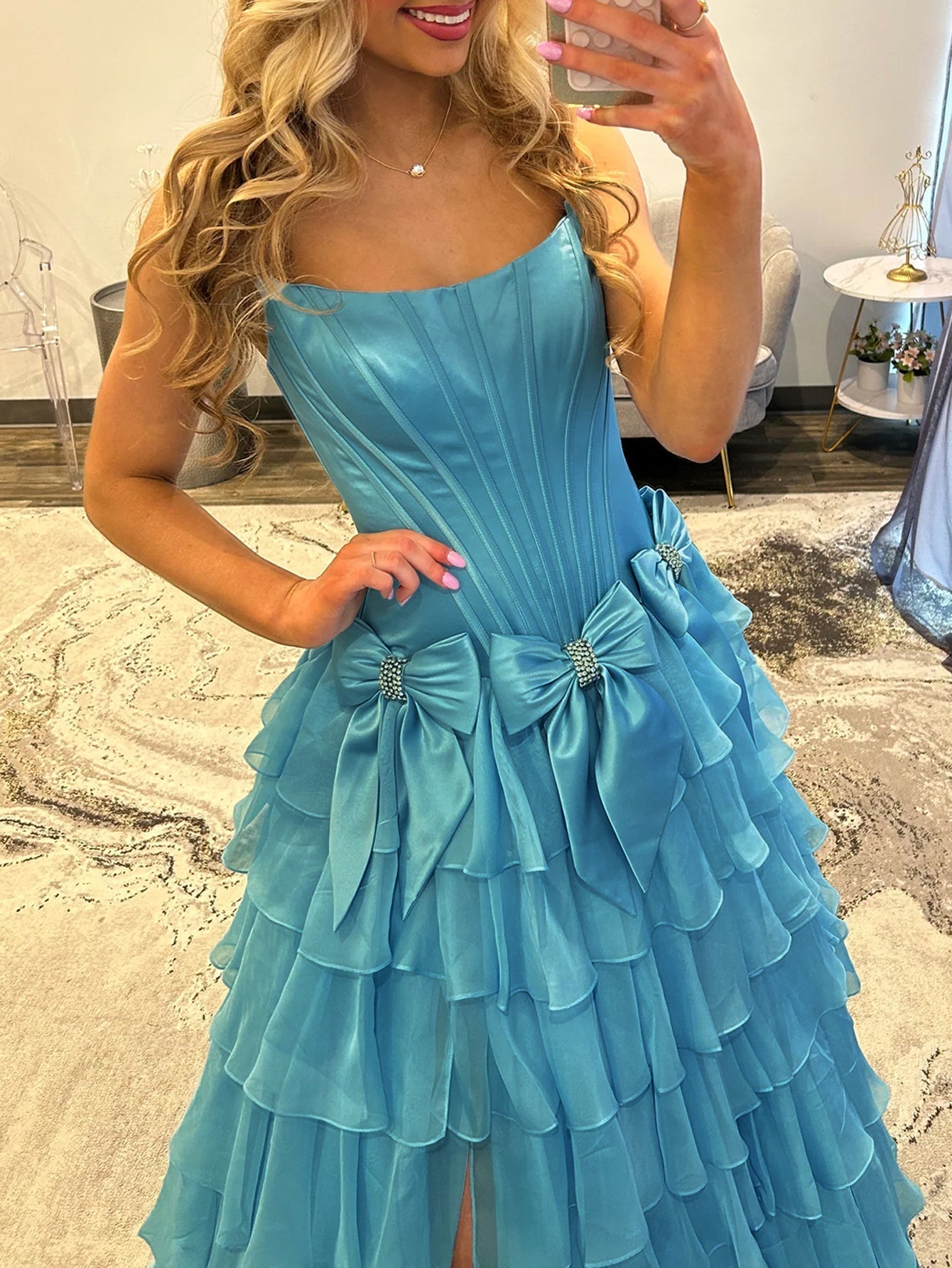 Boned Strapless Tiered Ball Gown Prom Dress Long With Bow - Blue