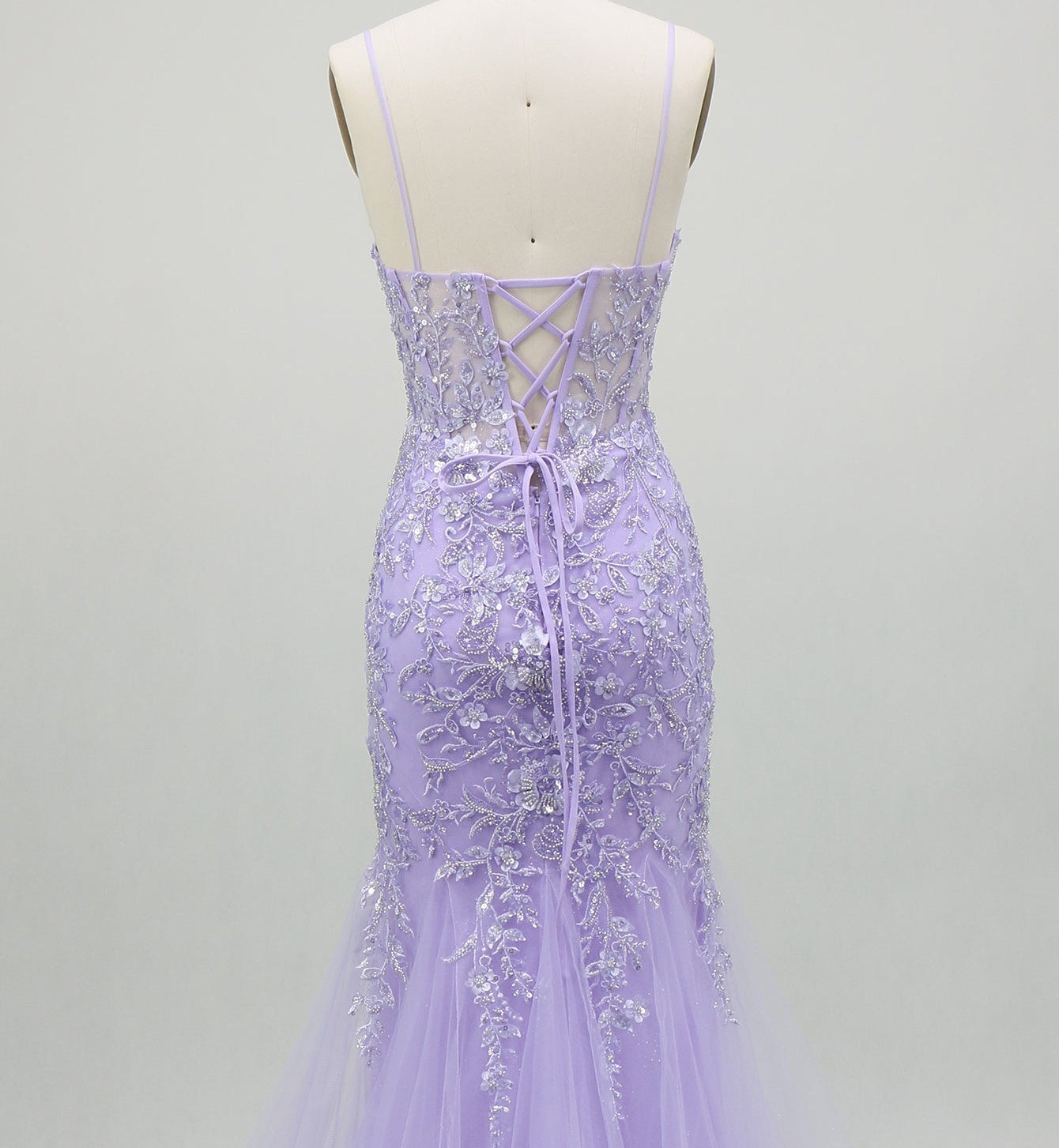 Sparkly Beading Spaghetti Shoulder Straps Lace Illusion Mermaid Long Prom Dress - Lavender