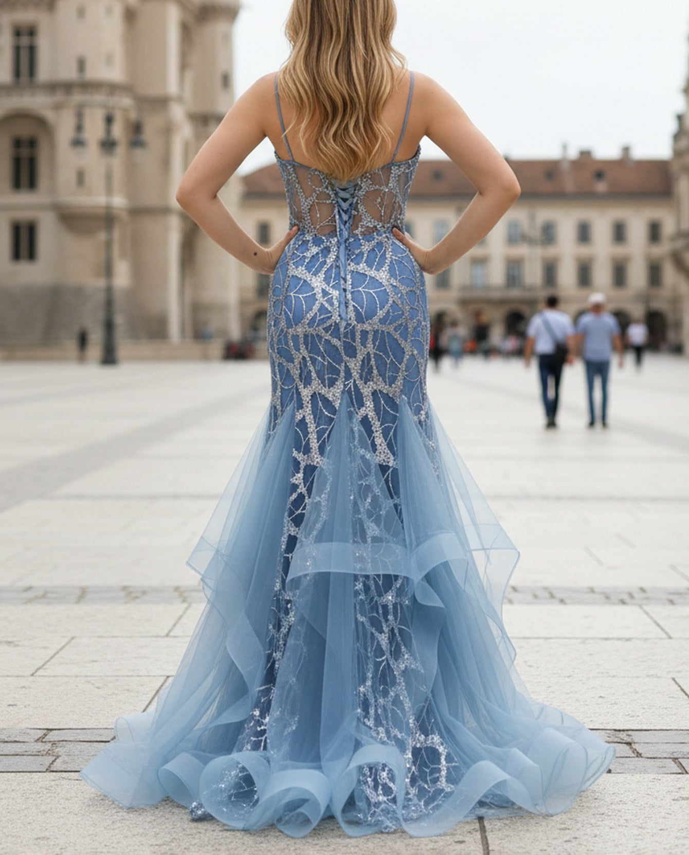 Sparkly Beading Deep V-Neck Mermaid Long Prom Dress With Slit - Light Blue