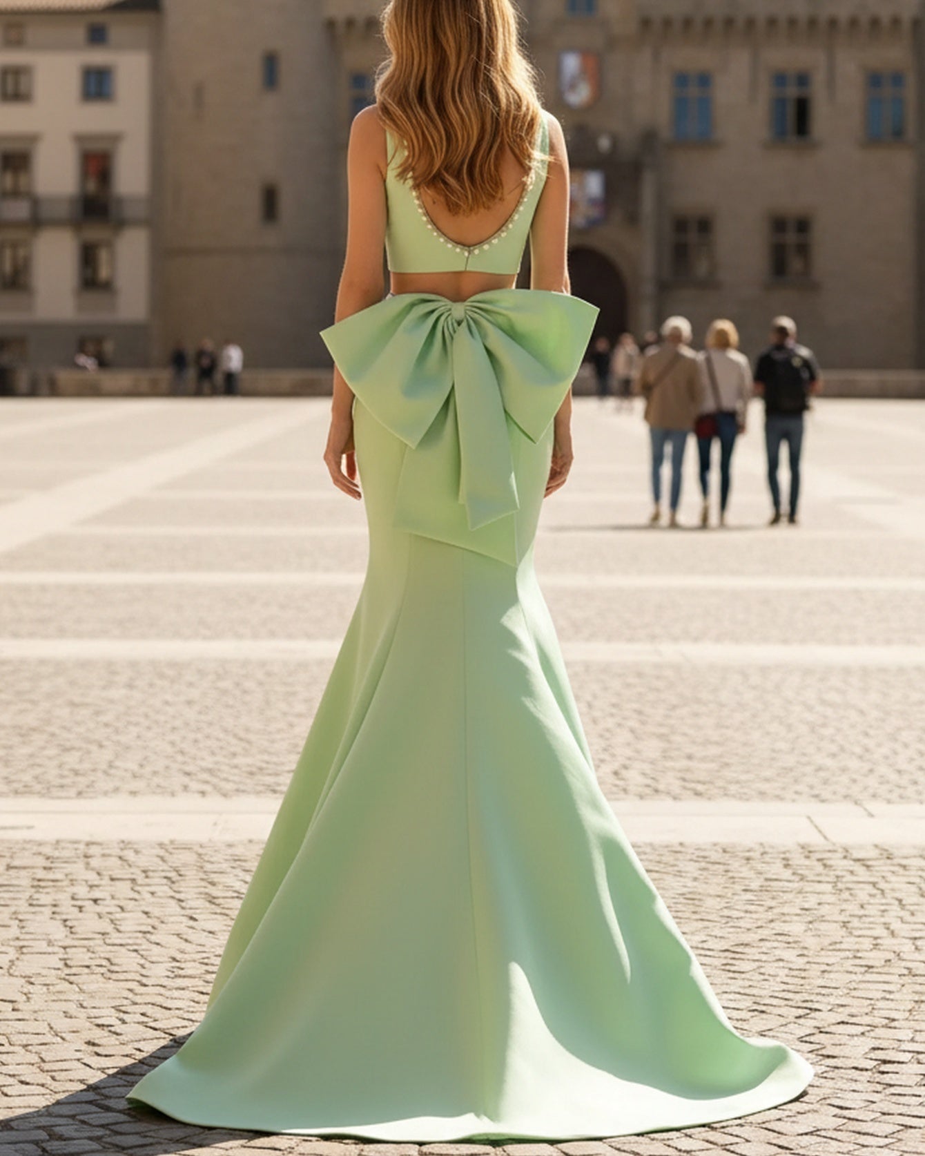 Big Bow Back Tank Two Pieces Pearls Like Mermaid Long Prom Dress - Mint Green
