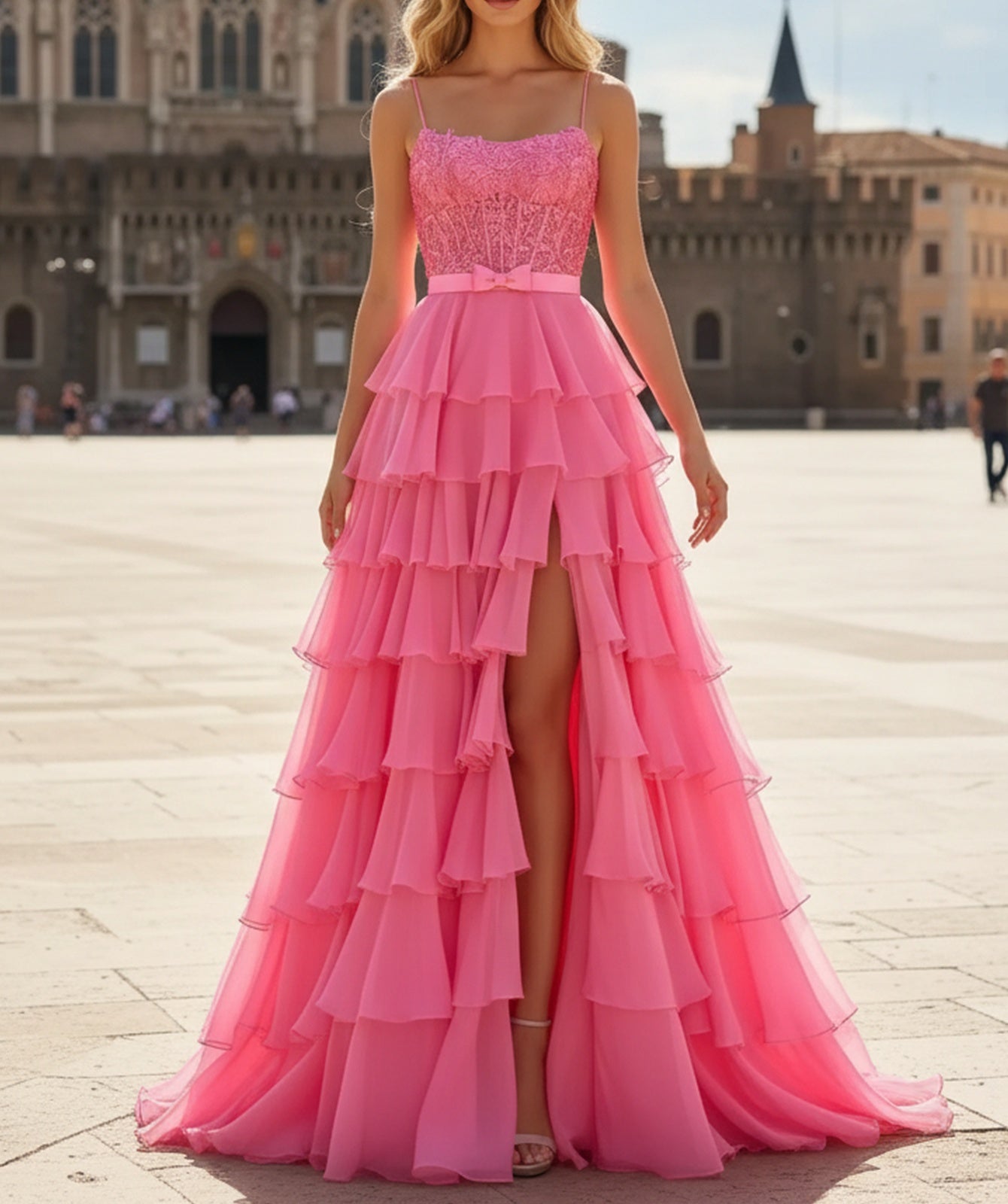 Sparkly Beading Bow Lace Illusion Layered Ruffles A-Line Long Prom Dress - Hot Pink