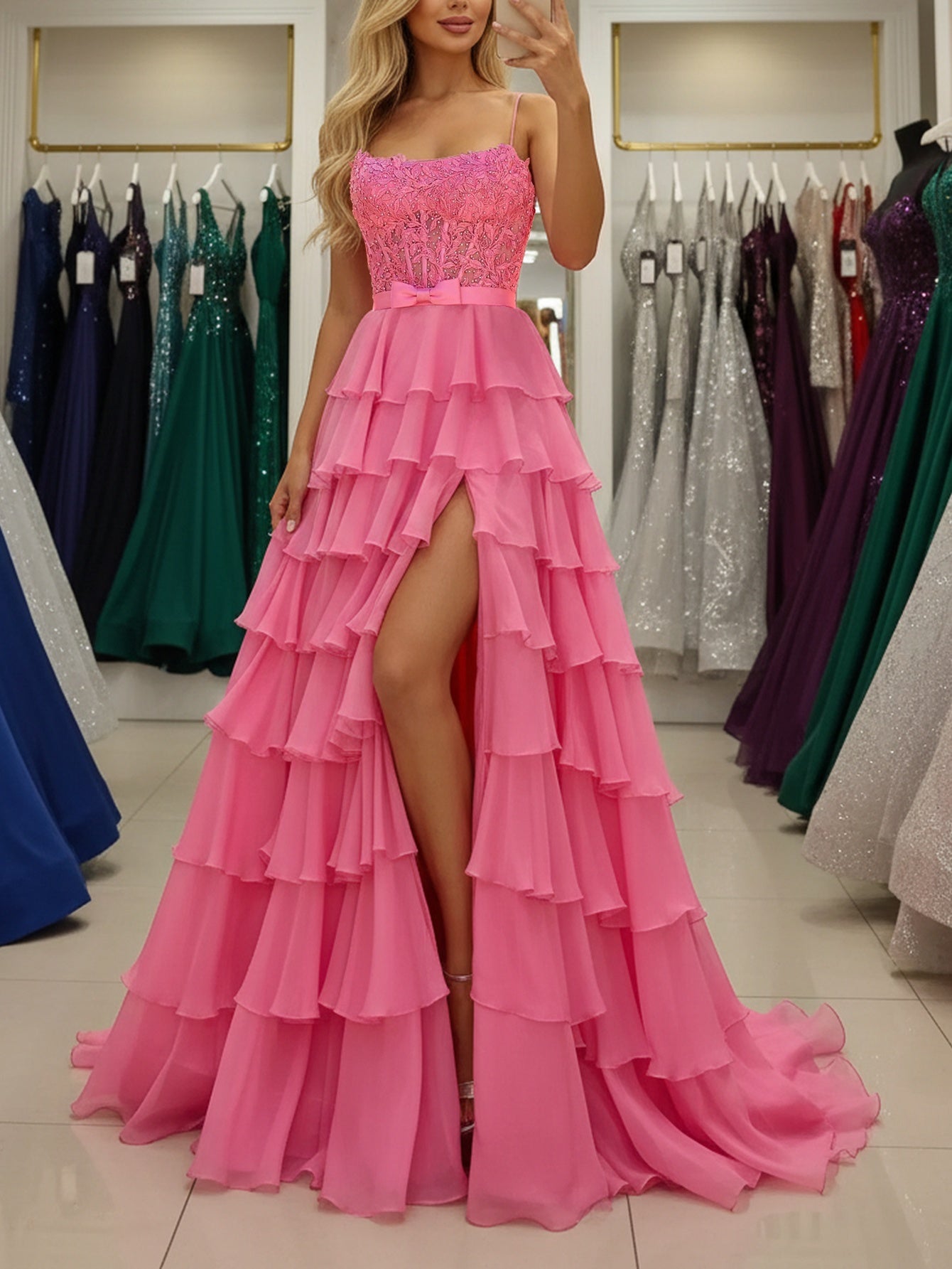 Sparkly Beading Bow Lace Illusion Layered Ruffles A-Line Long Prom Dress - Hot Pink