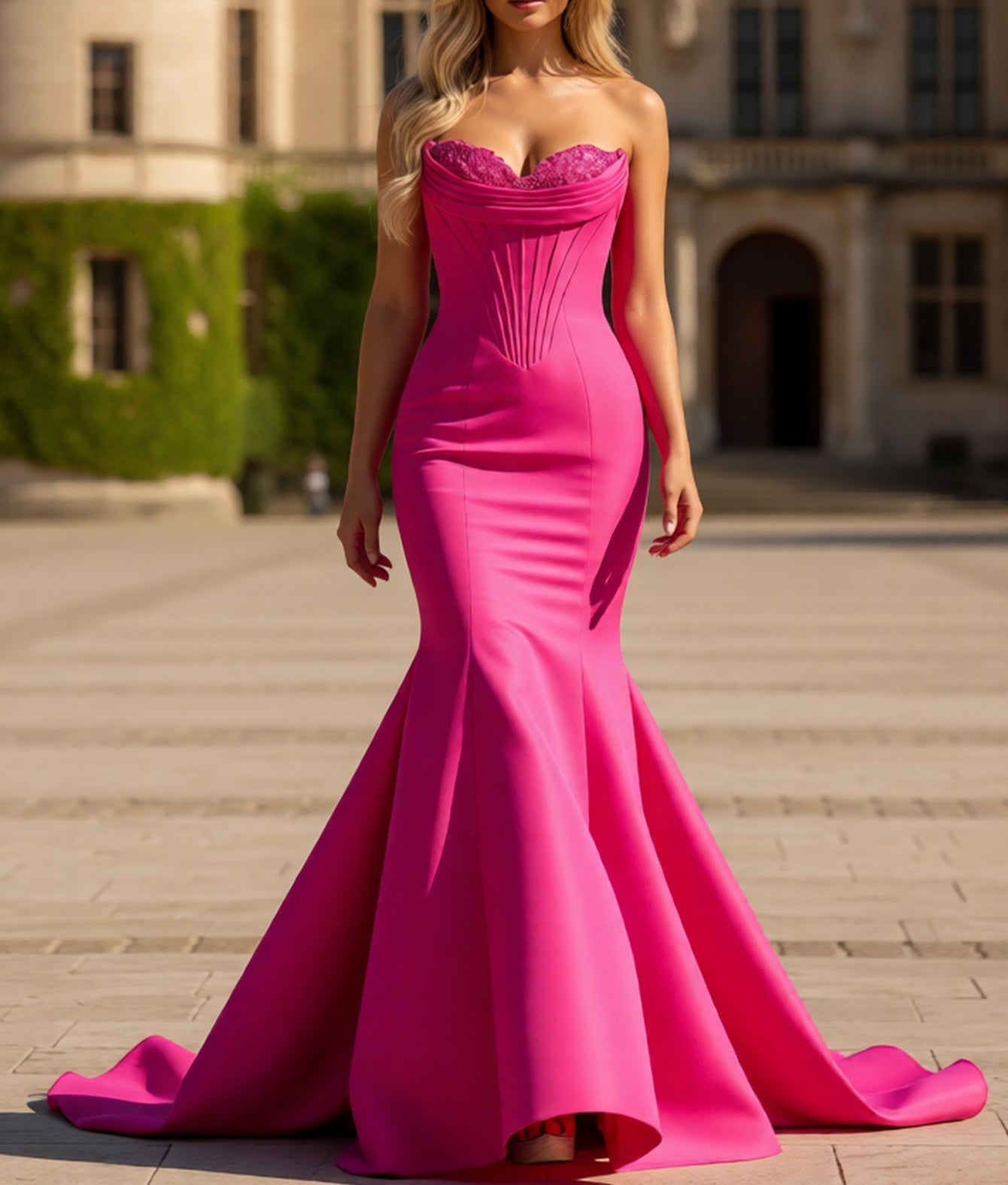 Sweetheart Lace Ruched Bust Corset Pleated Mermaid Long Prom Dress - Hot Pink