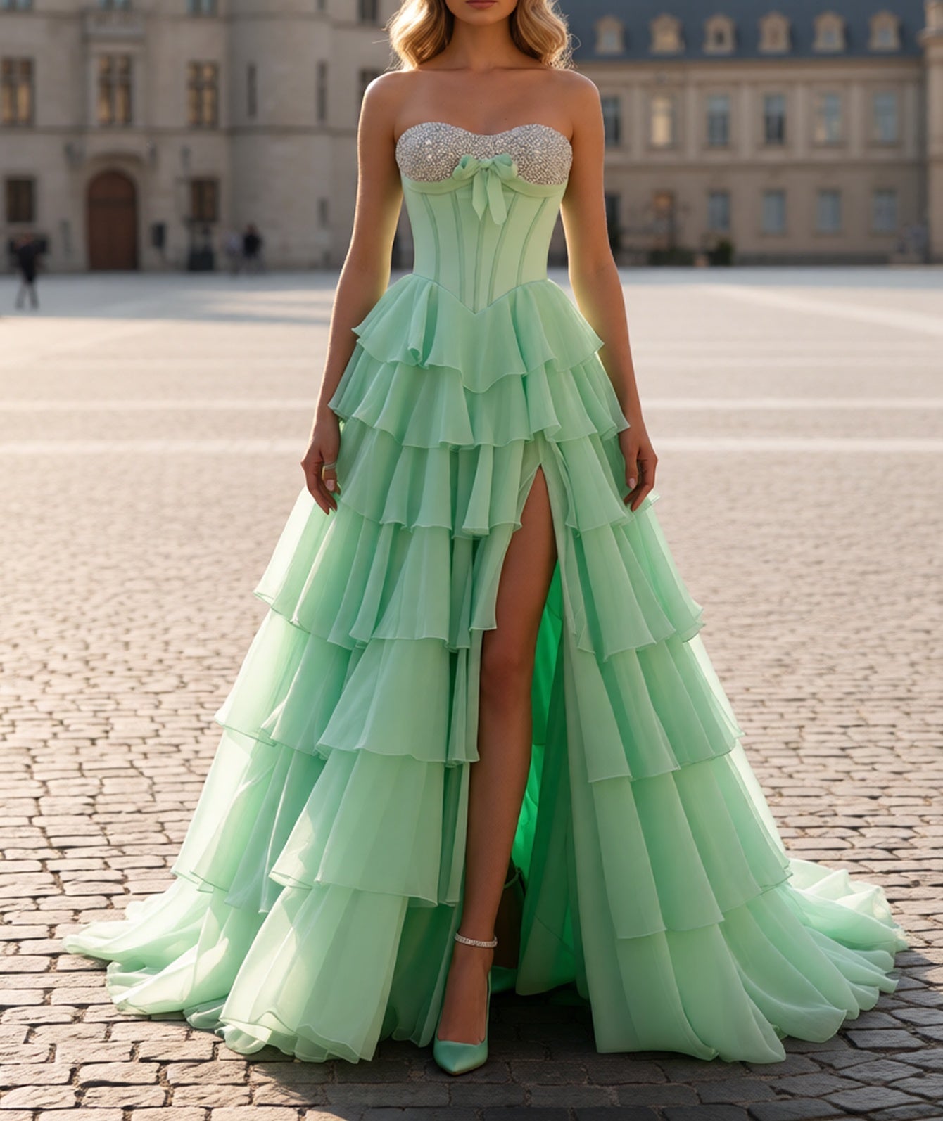 Bow Front Hot Fix Crystal Corset Long Layered Ruffle Hem Prom Dress - Mint Green