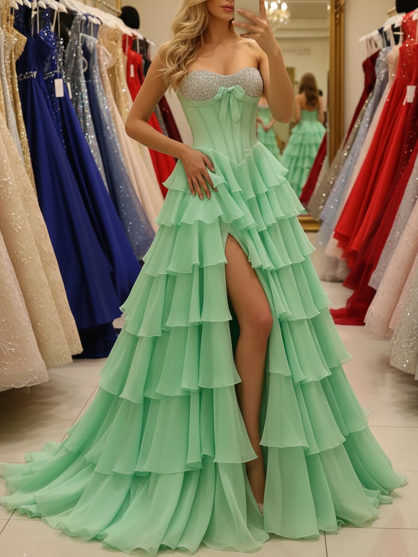 Bow Front Hot Fix Crystal Corset Long Layered Ruffle Hem Prom Dress - Mint Green
