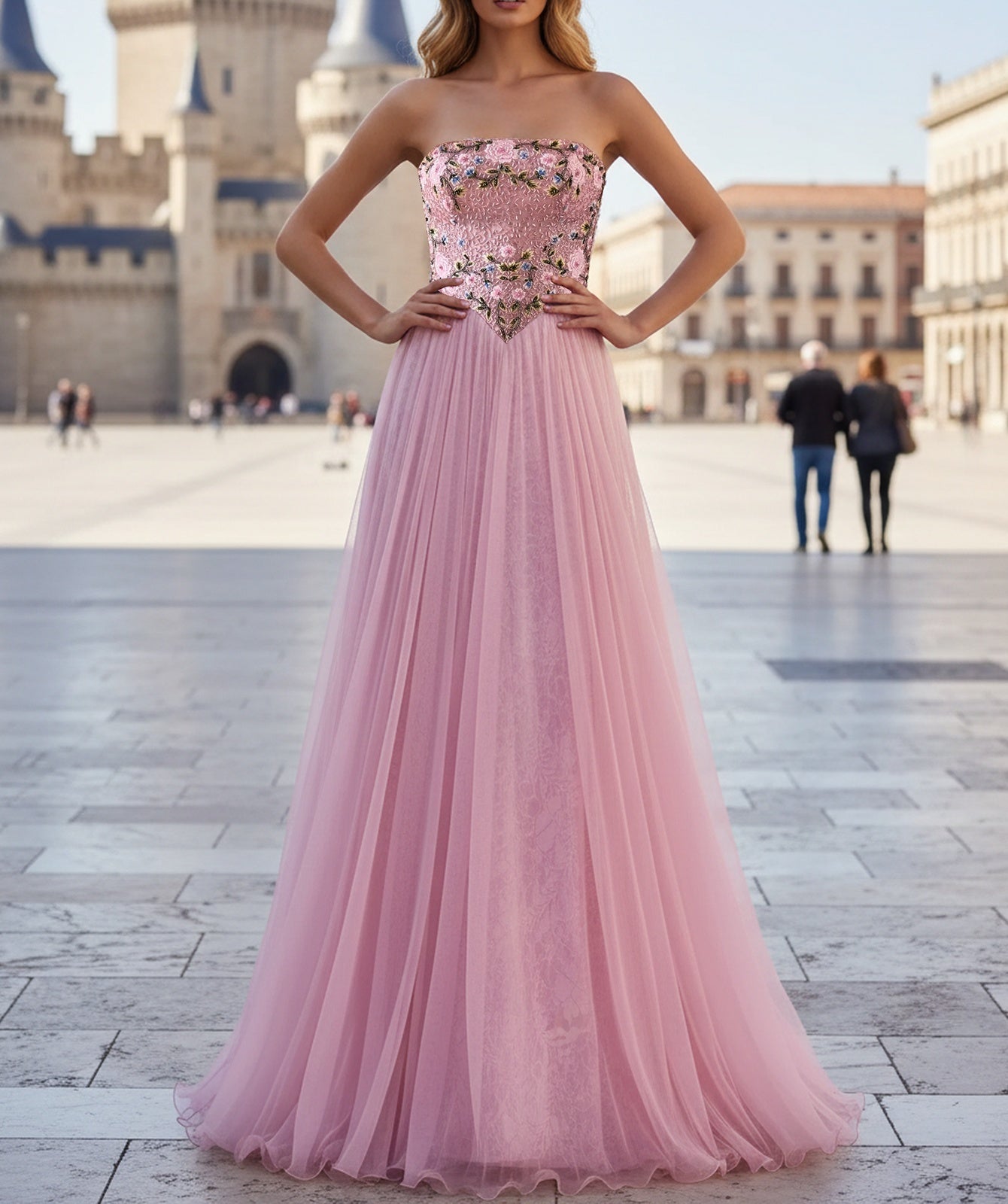 Hot Fix Crystal Corset Floral Long A-Line Prom Dress - Pink