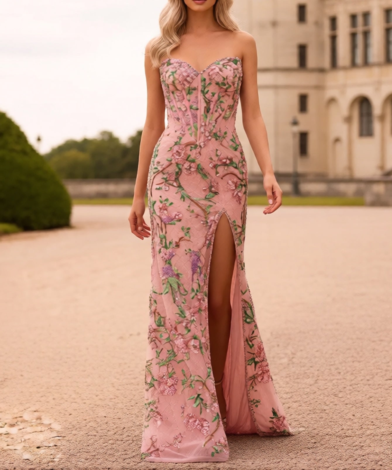 Sparkly Beading V-Neck Floral Long Mermaid Prom Dress - Pink Floral