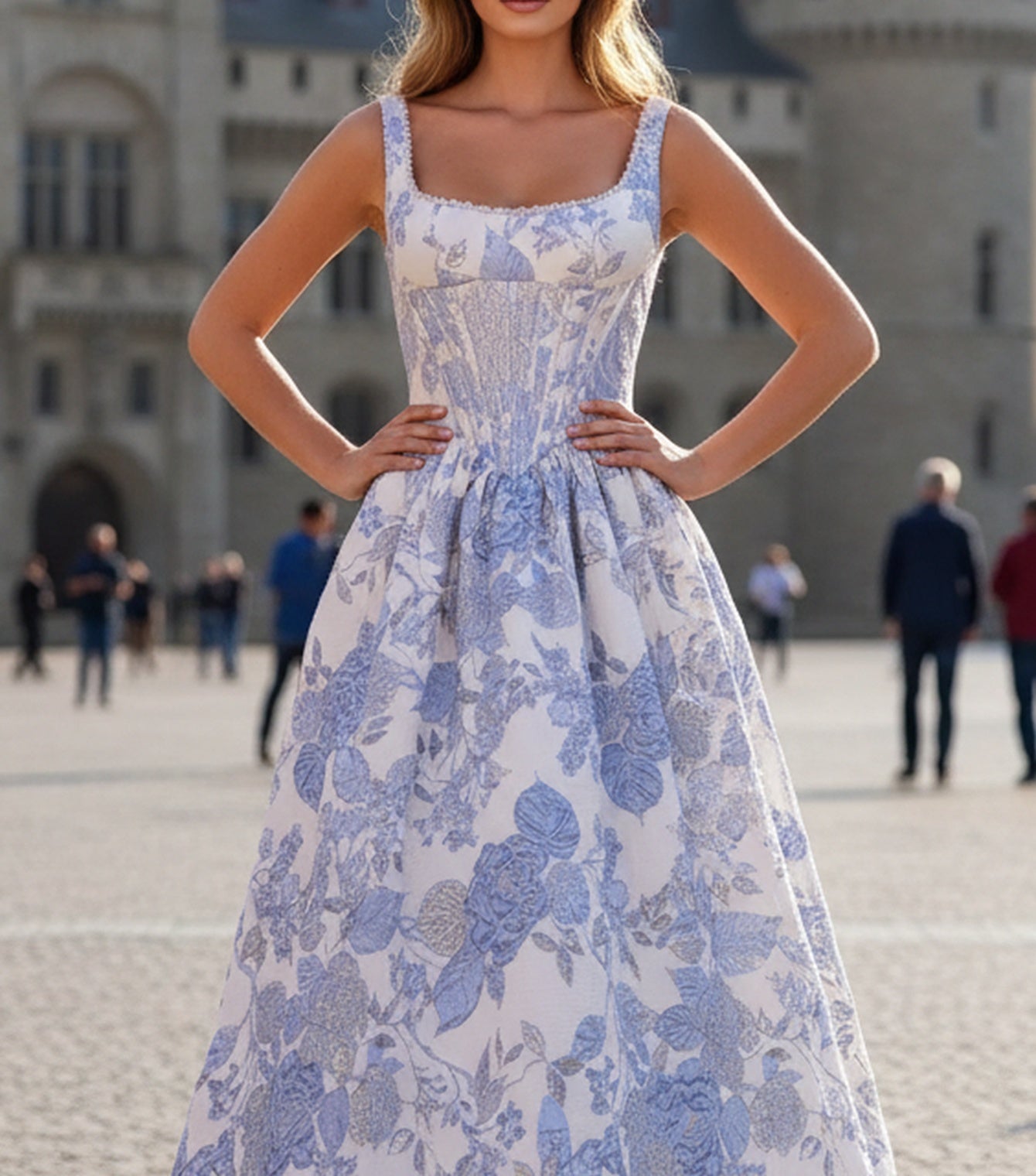 Tank Sparkly Beading Square Floral Long Ball Gown Prom Dress - Blue Floral
