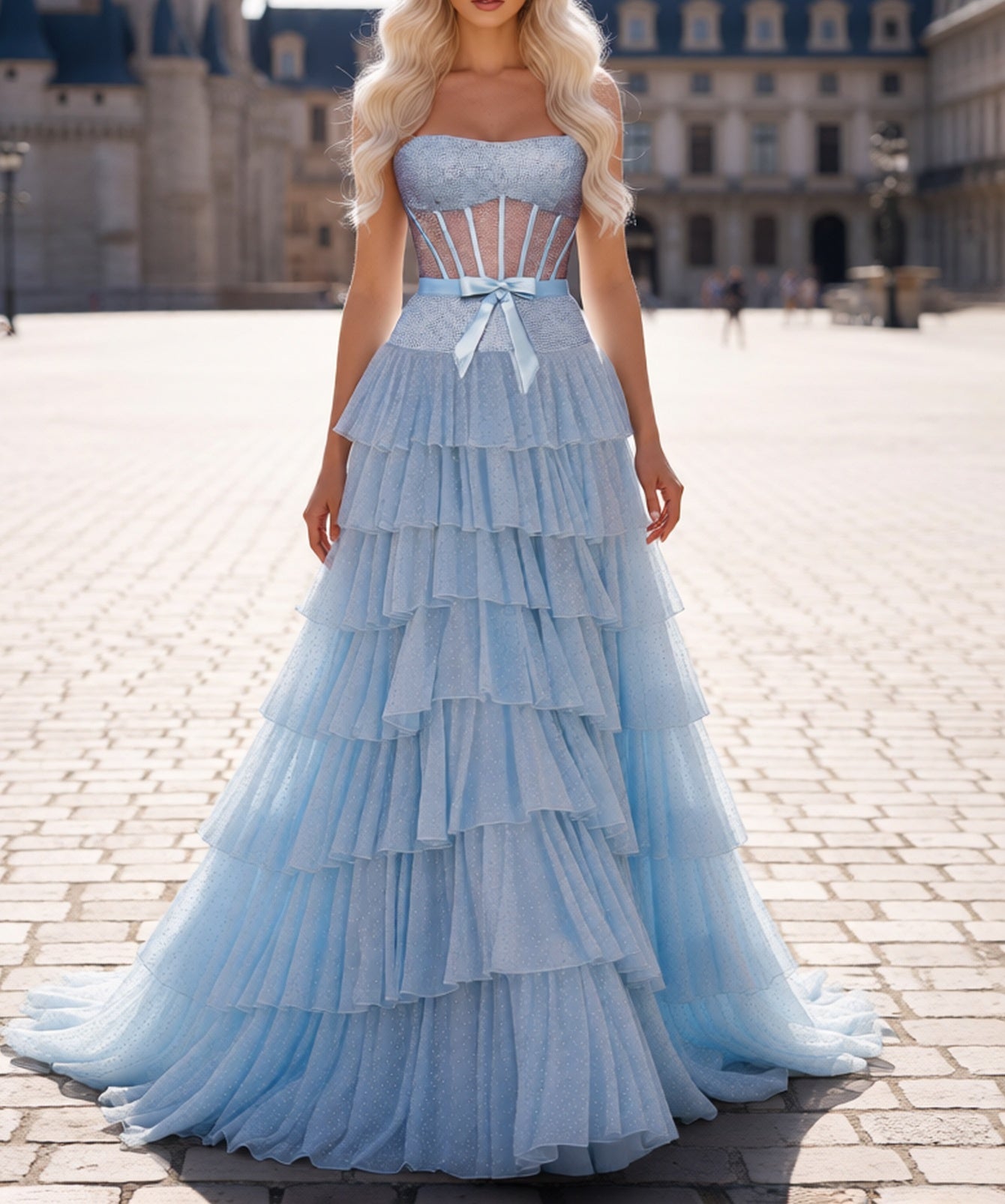 Hot Fix Crystal Illusion Long Layered Ruffle Hem Prom Dress With Bow - Light Blue