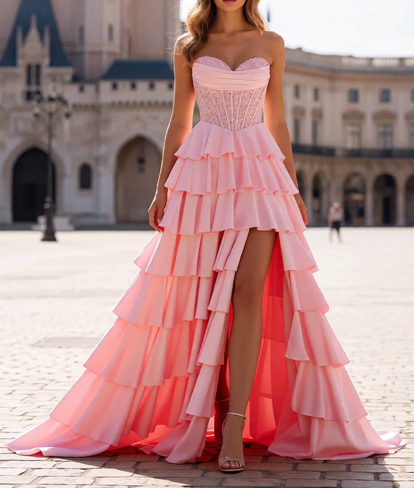 Sweetheart Lace Ruched Bust Ruffle Hem Long Ball Gown Prom Dress With Slit - Pink