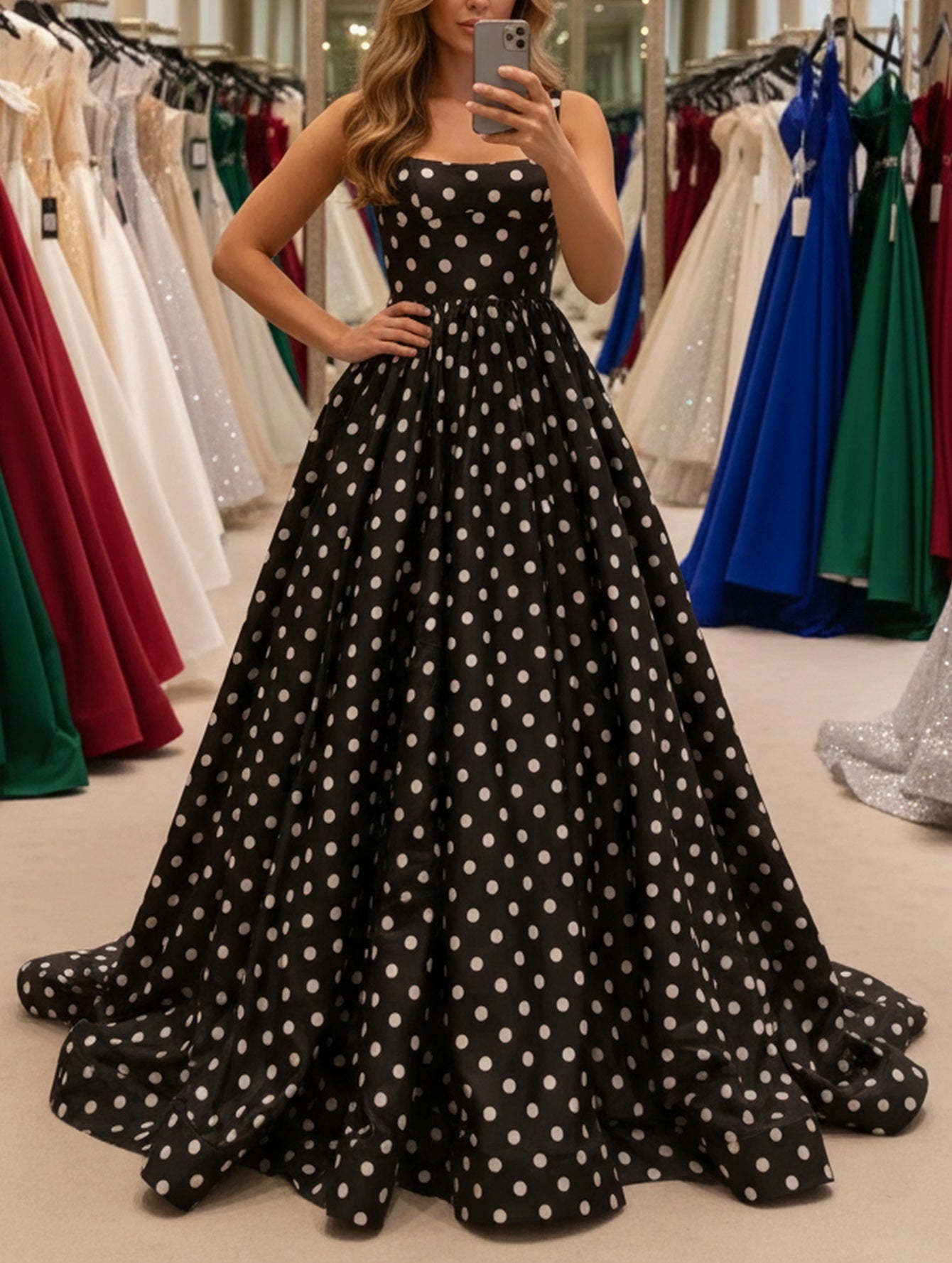 Square White Polka Dot Corset Backless Long Ball Gown Prom Dress - Black