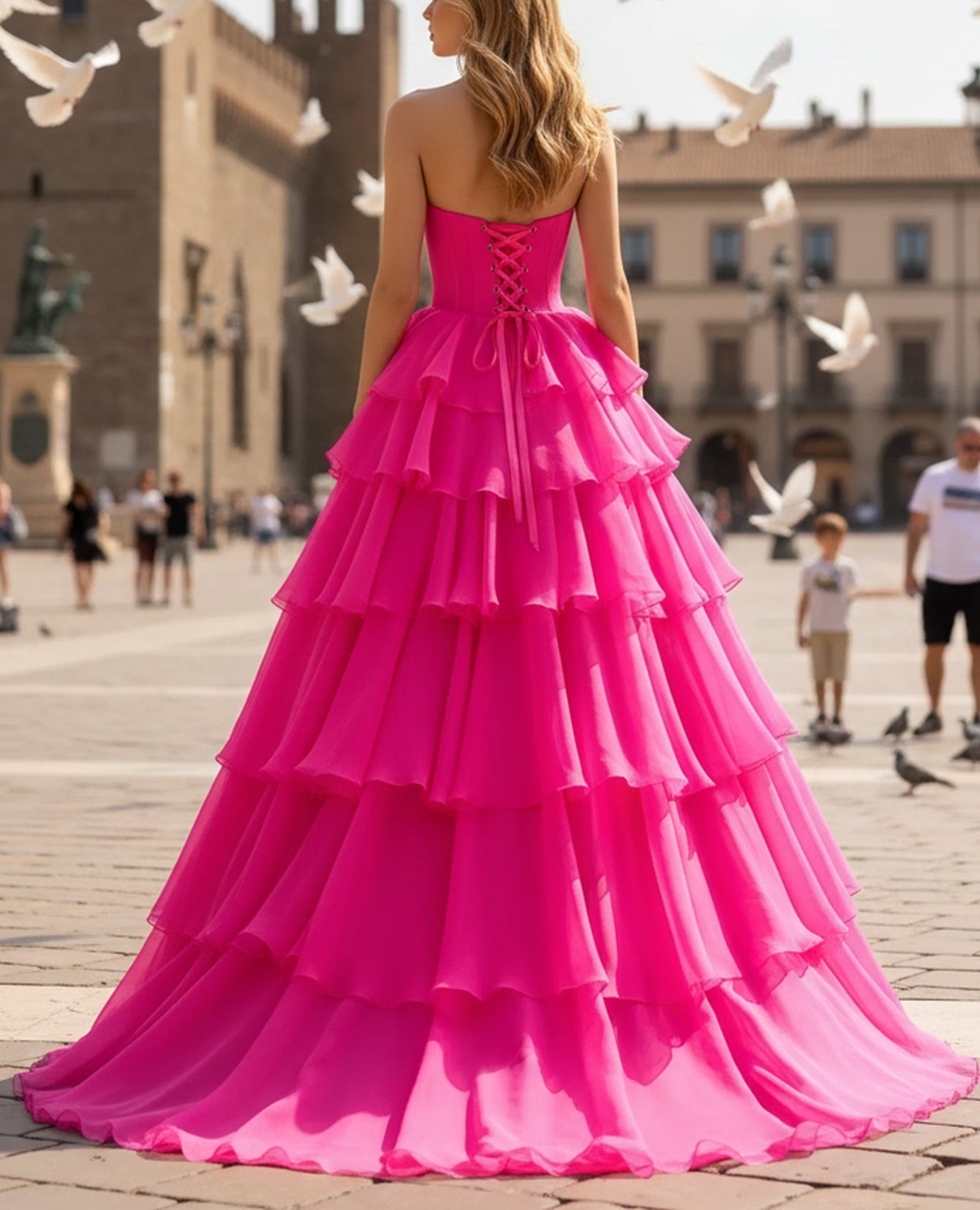 Square Ruffle Ruched Lace Up Bodice Long Prom Dress - Hot Pink