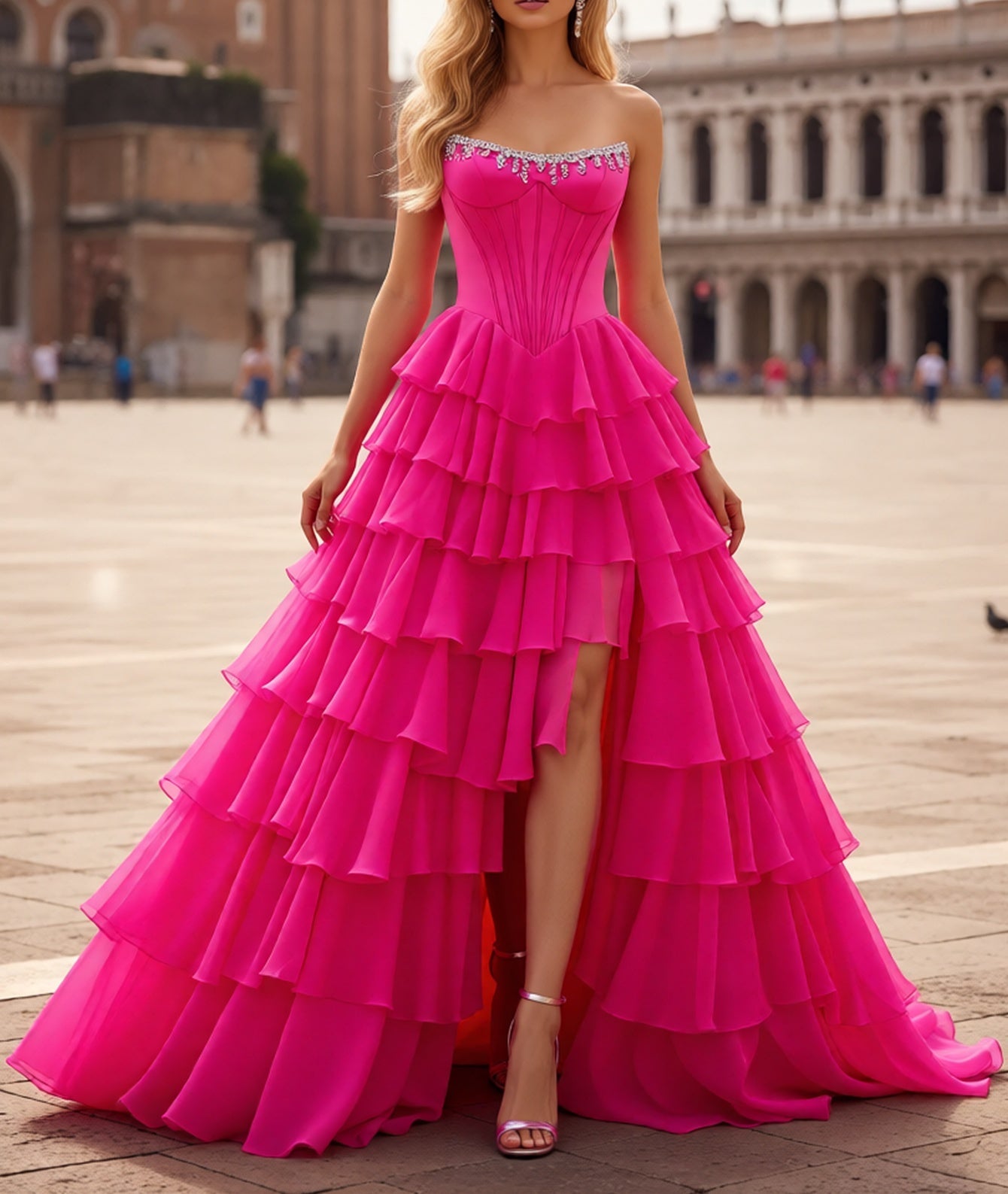 Crystal Corset Layered Ruffle Hem Long Prom Dress With Slit - Hot Pink