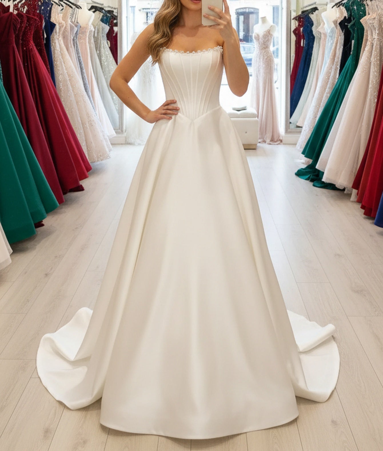Sparkly Beading Pleated Lace Up Long Ball Gown Prom Dress - White