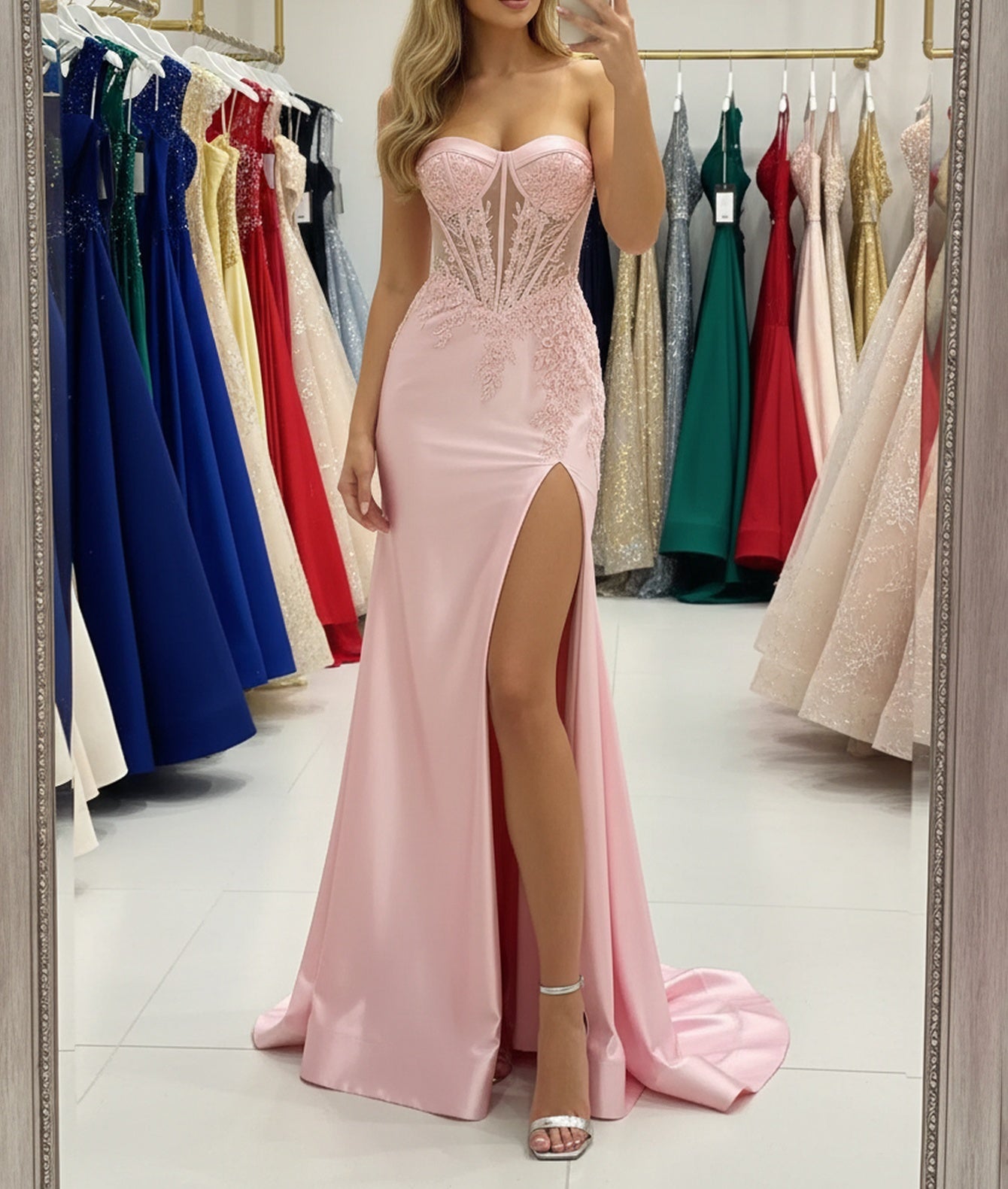 Lace Illusion Corset Lace Up Long Mermaid Prom Dress With Slit - Light Pink