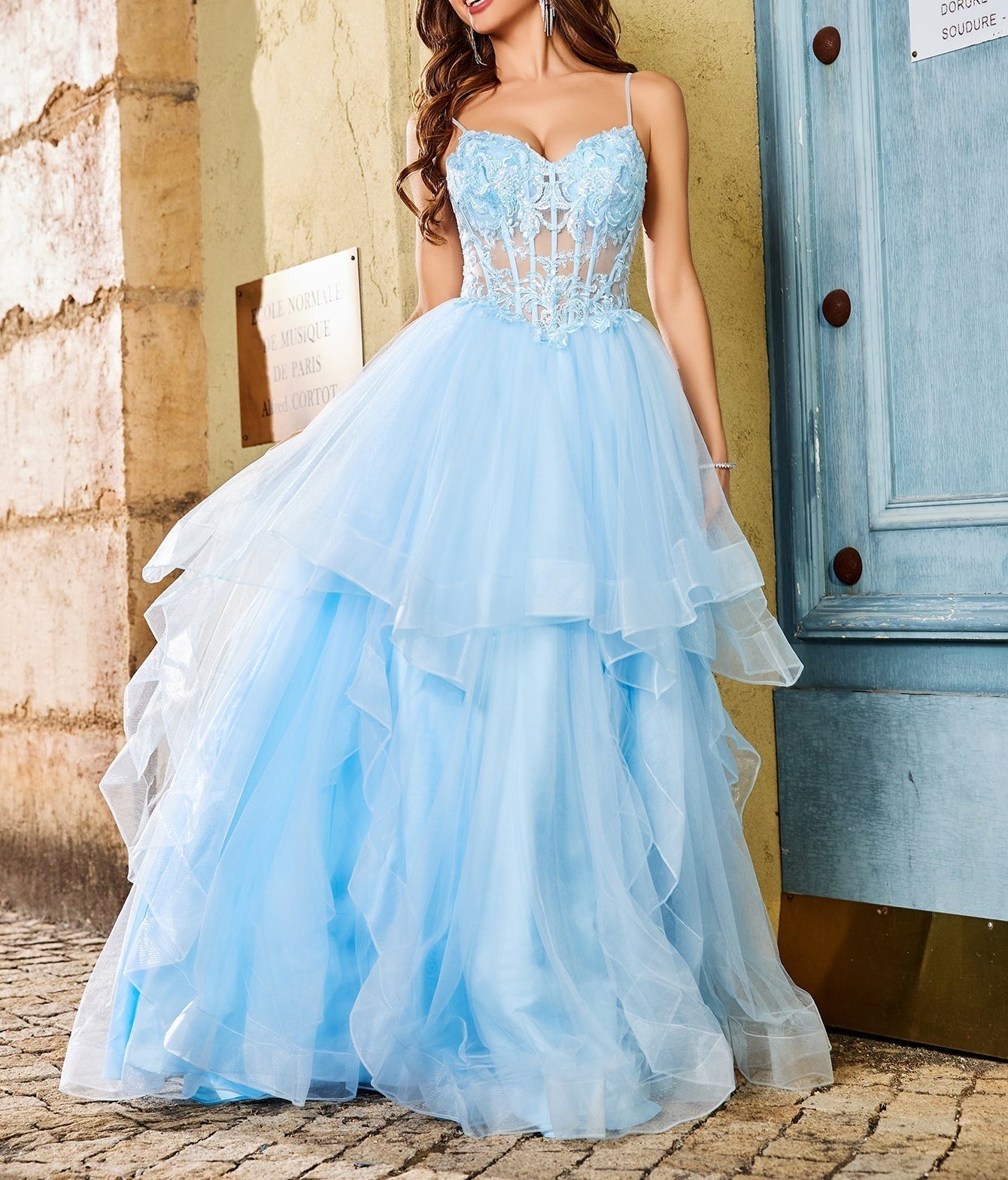 Lace Embroidery Illusion Ball Gown Prom Dress - Red