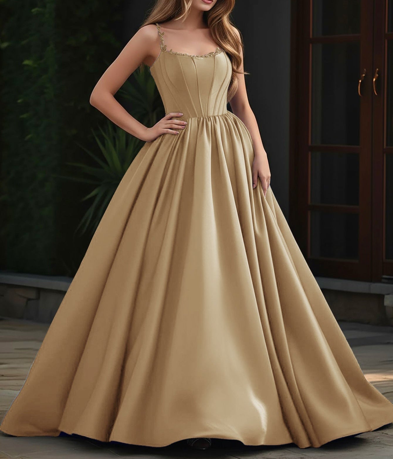 Spaghetti Straps Bodice Ball Gown Evening Dress - Gold