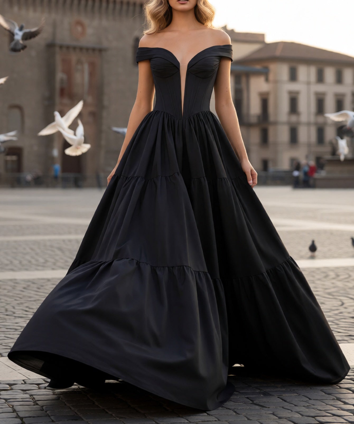 Deep V-Neck Off Shoulder Illusion Long Ball Gown Prom Dress - Black