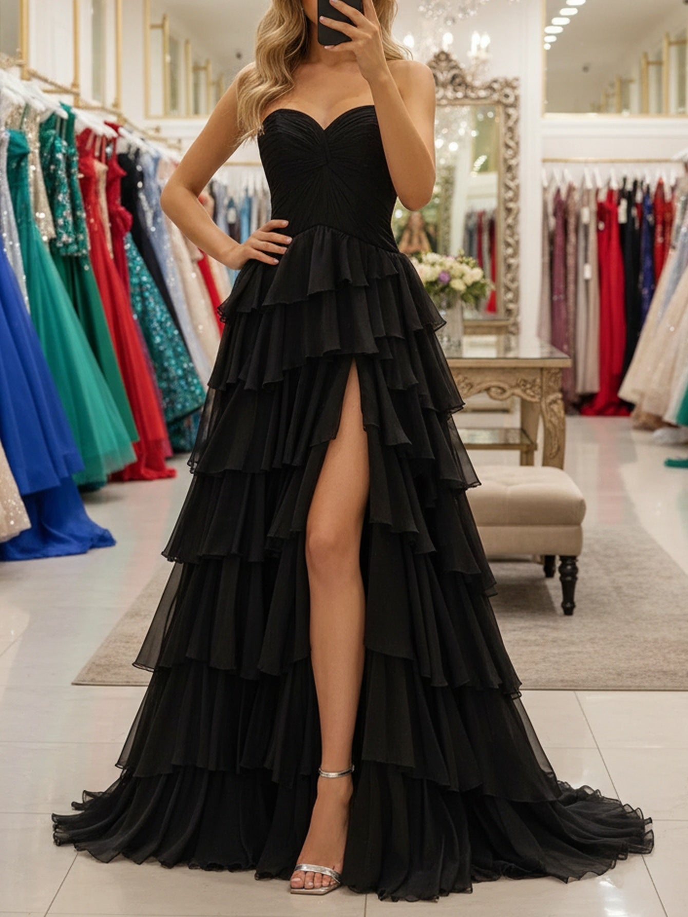 Sweetheart Ruched Bust Ruffle Hem Lace Up Long Ball Gown Prom Dress With Slit - Black