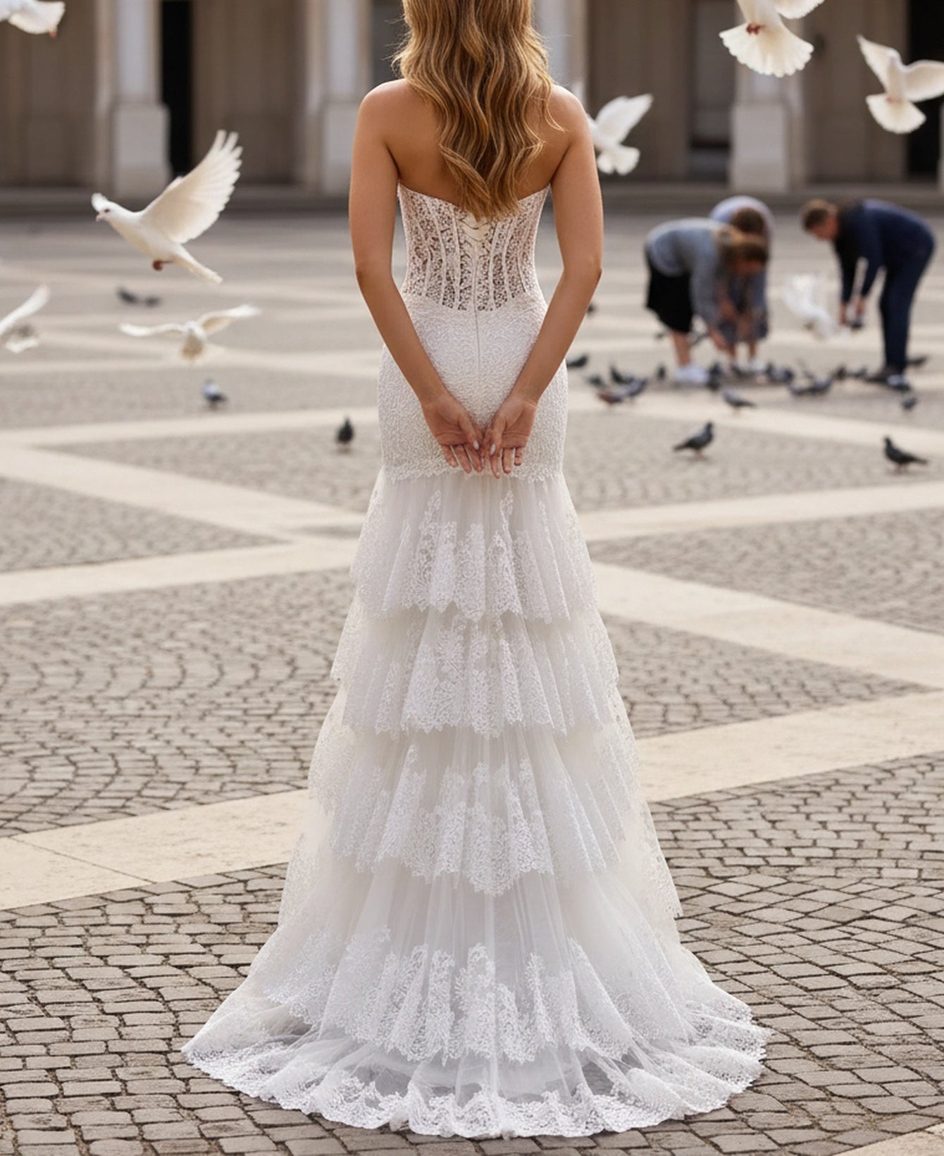 Embroidery Illusion Ruffle Bodice Long Mermaid Prom Dress - White