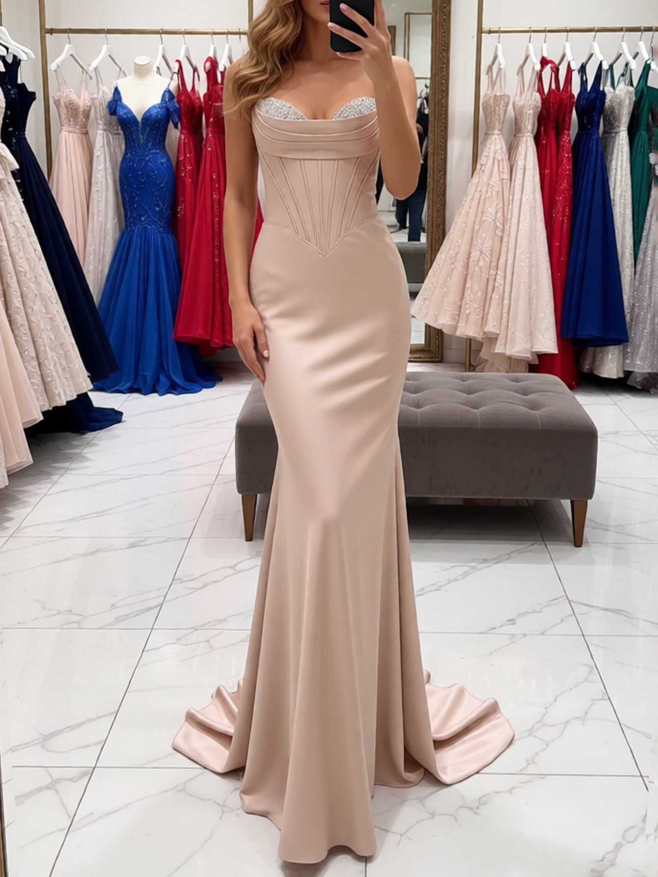 Sparkly Beading Ruched Pleated Lace Up Bodice Long Mermaid Prom Dress With Removable Drop Train - Rose Gold