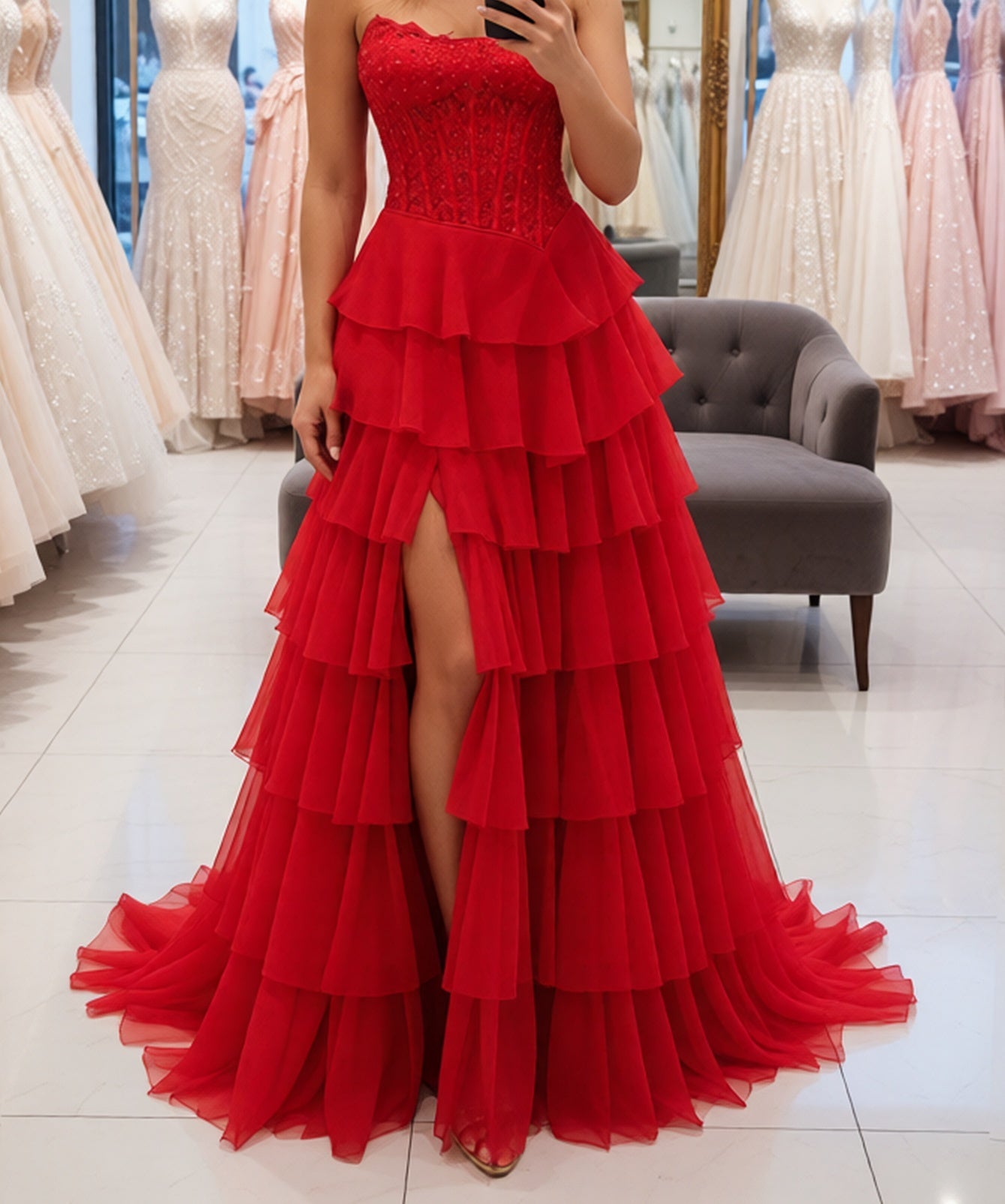 Sparkly Beading Embroidery Ruffle Lace Up Bodice Long A-Line Prom Dress - Red