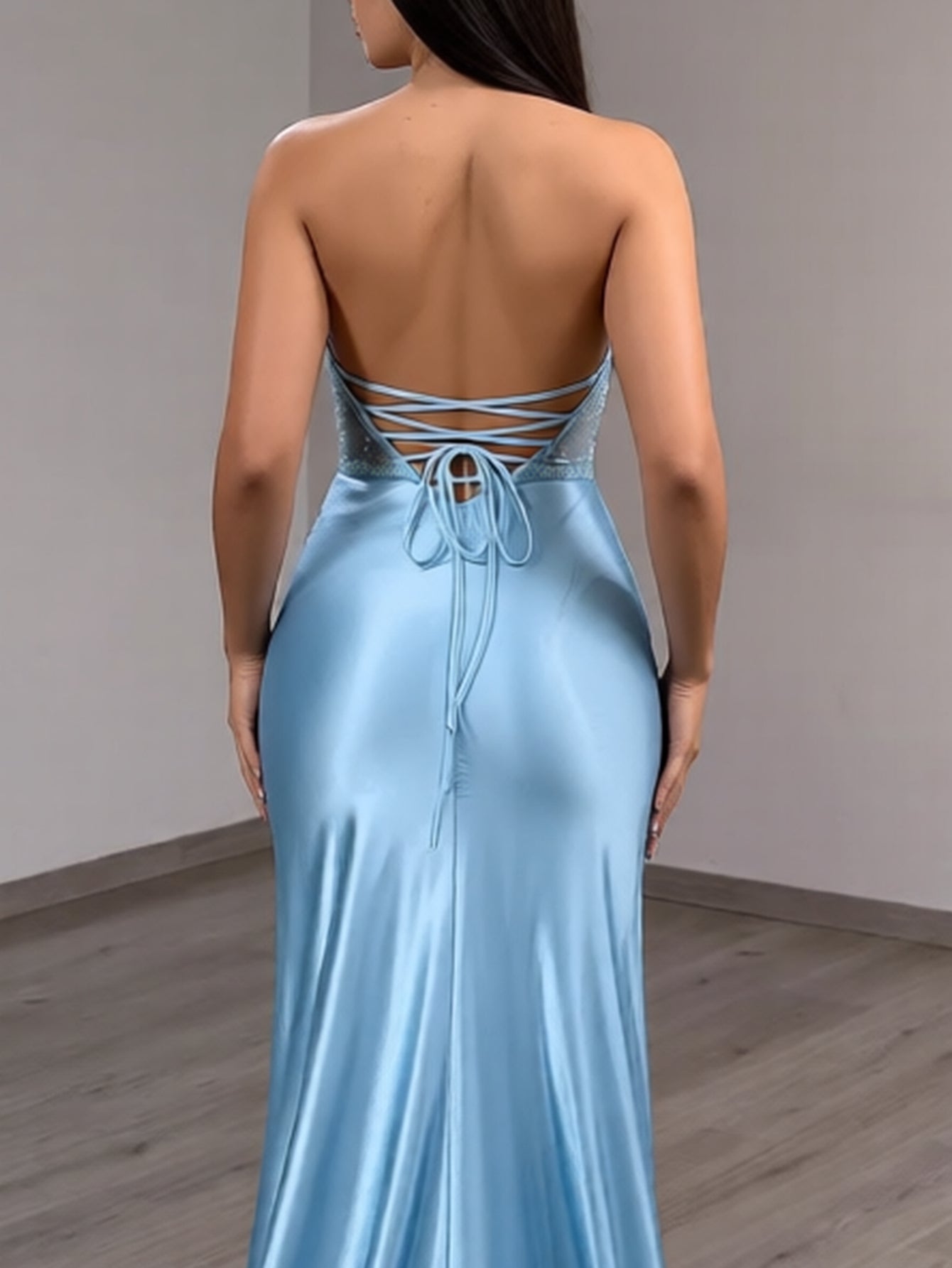 Sparkly Beading Lace Up Illusion Ruched Bodice Long Mermaid Prom Dress With Detachable Bow - Sky Blue